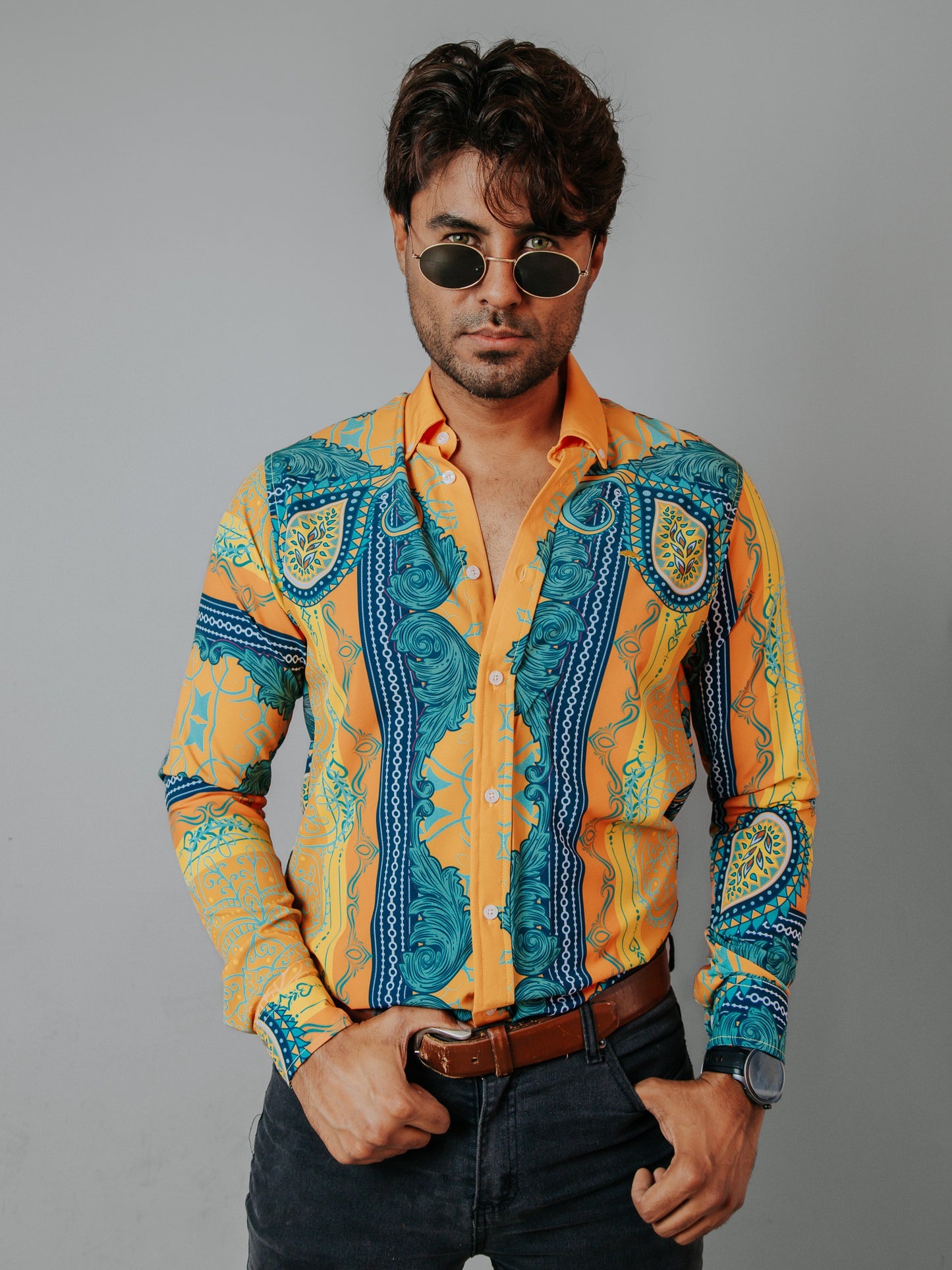 CAMISA HOMBRE SLIM FIT, NARANJA FLORES AMARILLAS VERDES Y AZUL