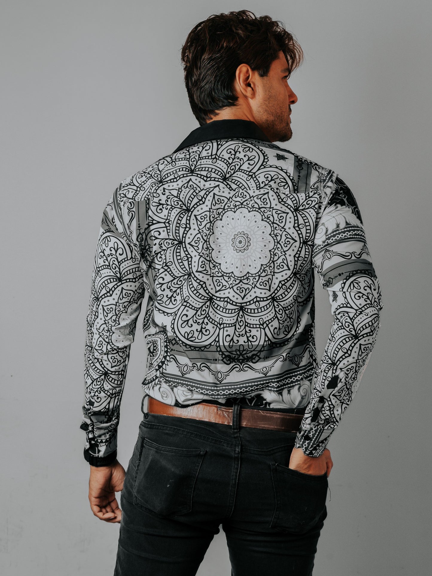 CAMISA HOMBRE SLIM FIT, FLORES BLANCAS Y GRIS