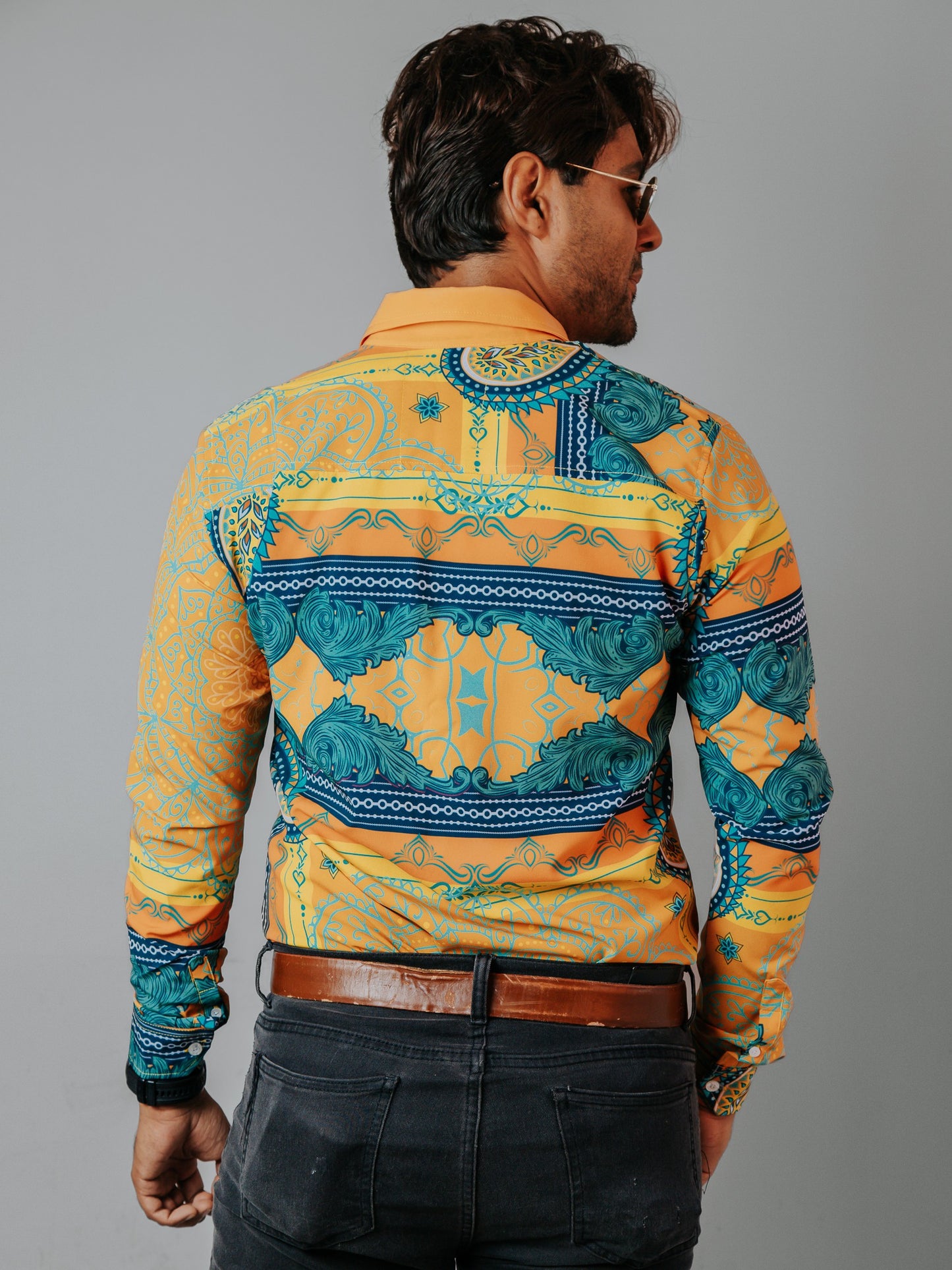 CAMISA HOMBRE SLIM FIT, NARANJA FLORES AMARILLAS VERDES Y AZUL