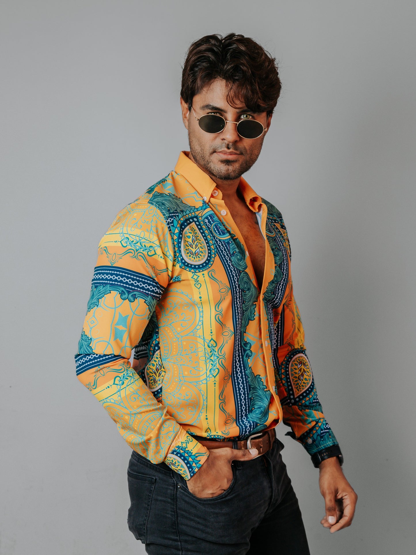 CAMISA HOMBRE SLIM FIT, NARANJA FLORES AMARILLAS VERDES Y AZUL