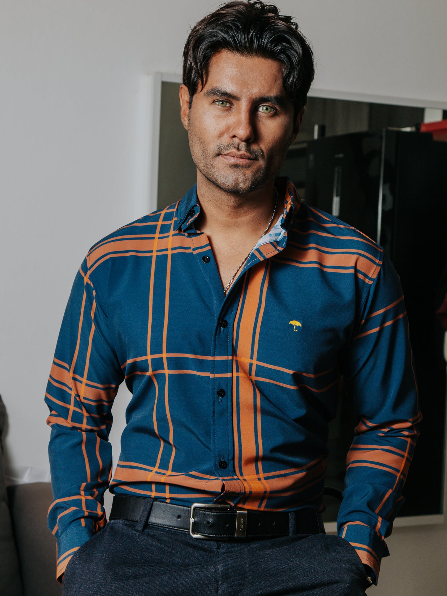 CAMISA SLIM FIT HOMBRE, MELÓN LÍNEAS NARANJA, NEGRA Y BLANCA