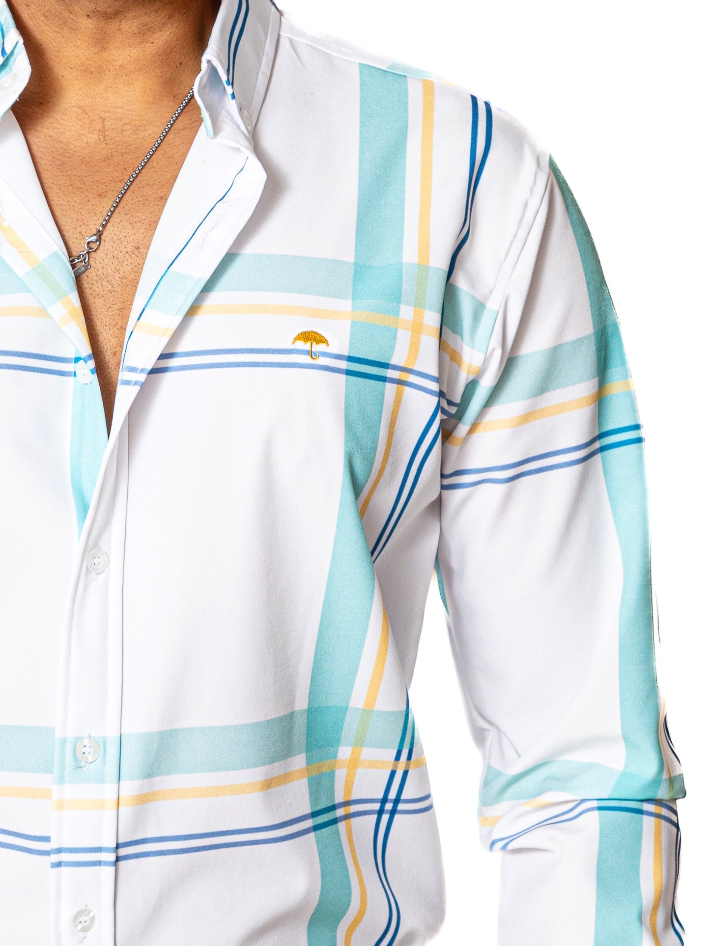 CAMISA HOMBRE SLIM FIT, BLANCA, LÍNEAS VERDE, AMARILLA Y AZUL
