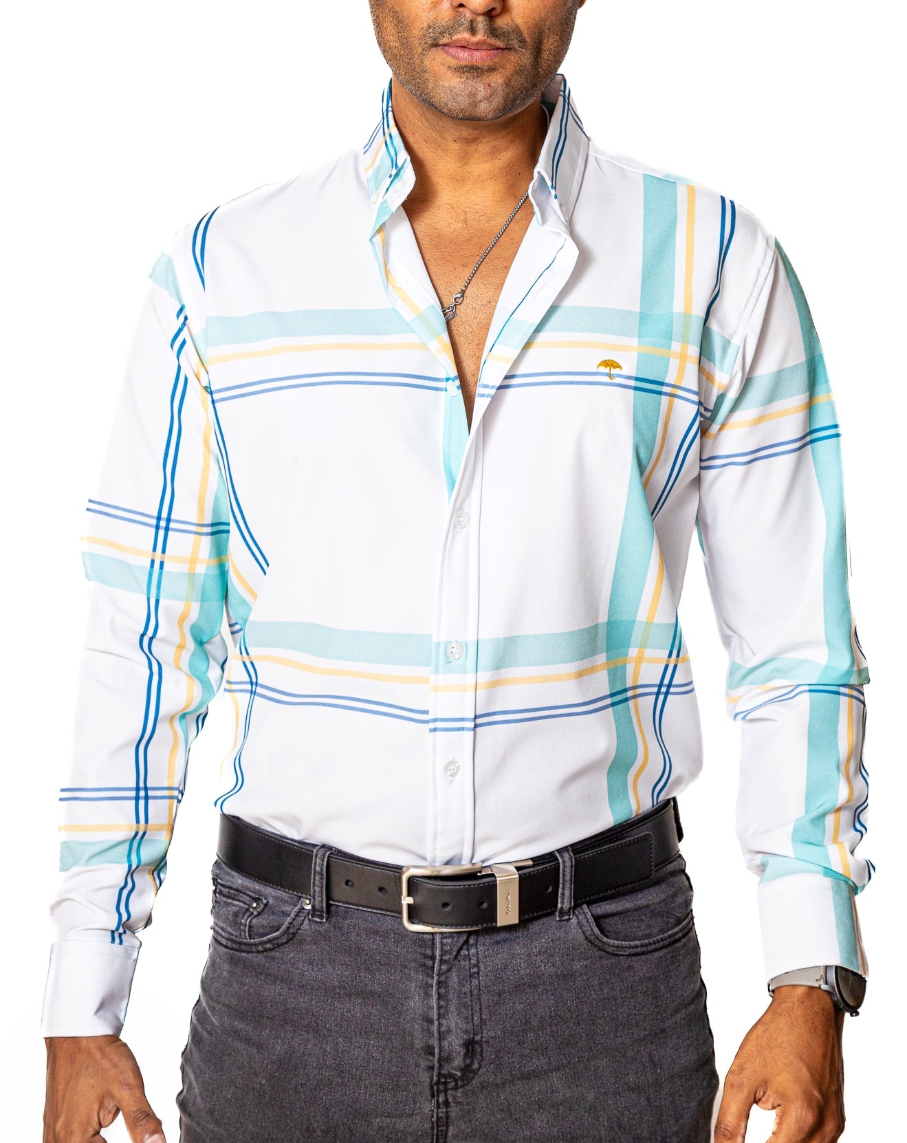 CAMISA HOMBRE SLIM FIT, BLANCA, LÍNEAS VERDE, AMARILLA Y AZUL
