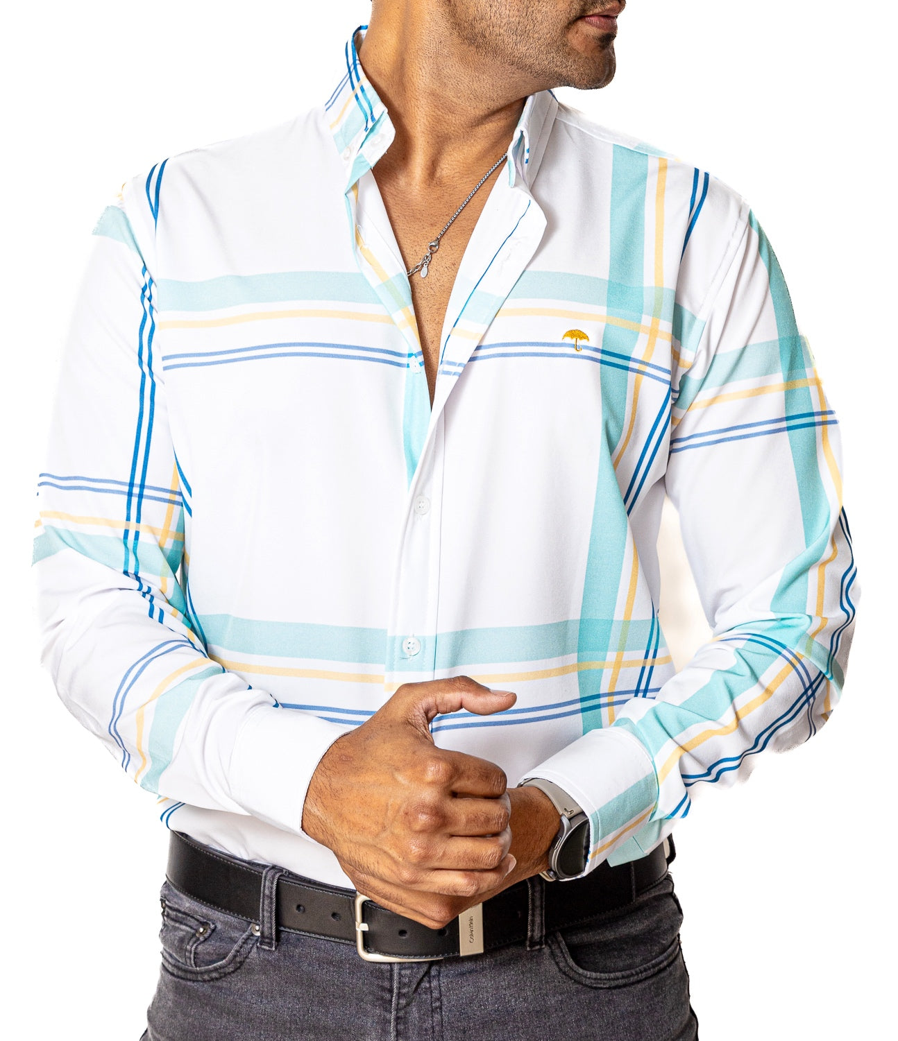 CAMISA HOMBRE SLIM FIT, BLANCA, LÍNEAS VERDE, AMARILLA Y AZUL