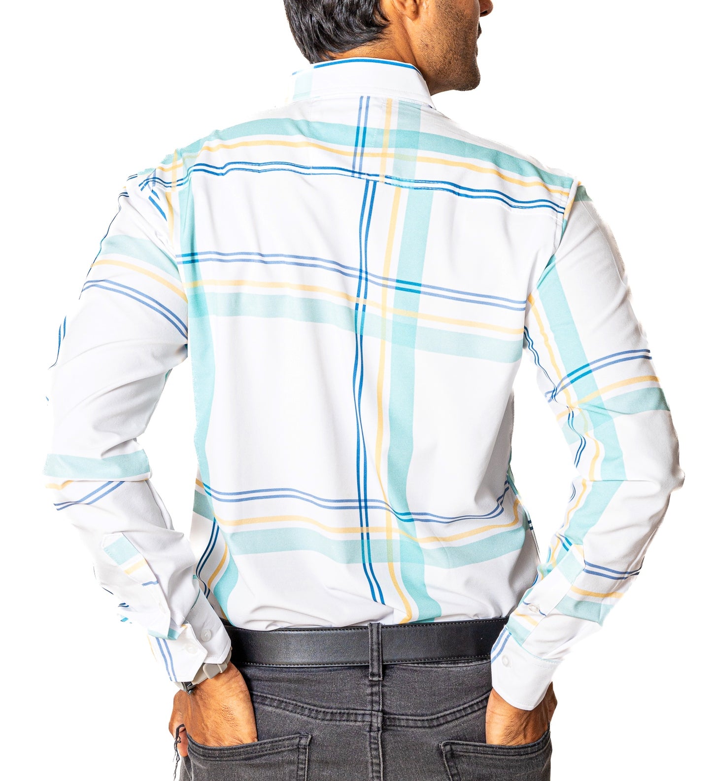 CAMISA HOMBRE SLIM FIT, BLANCA, LÍNEAS VERDE, AMARILLA Y AZUL