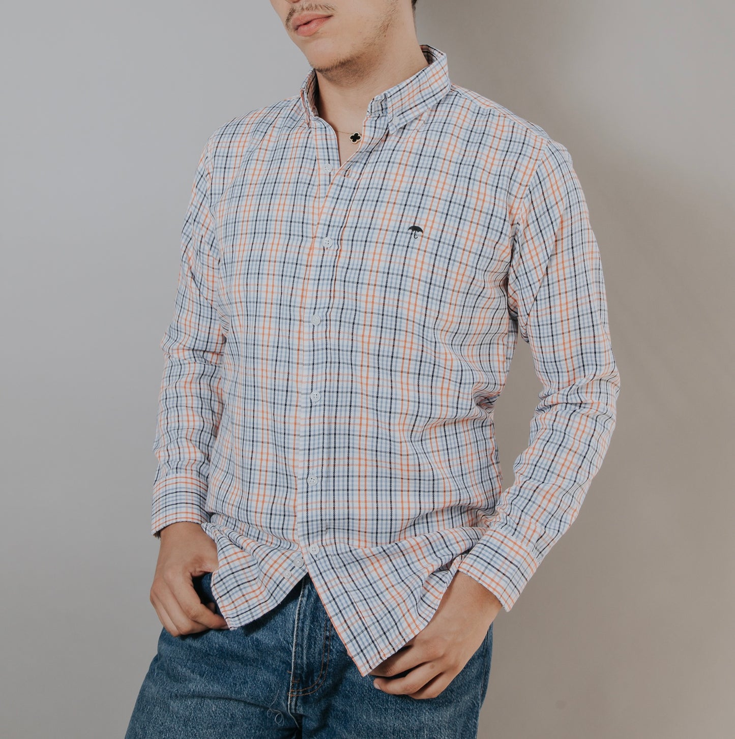 CAMISA HOMBRE SLIM FIT LINEAS NARANJAS Y AZULES