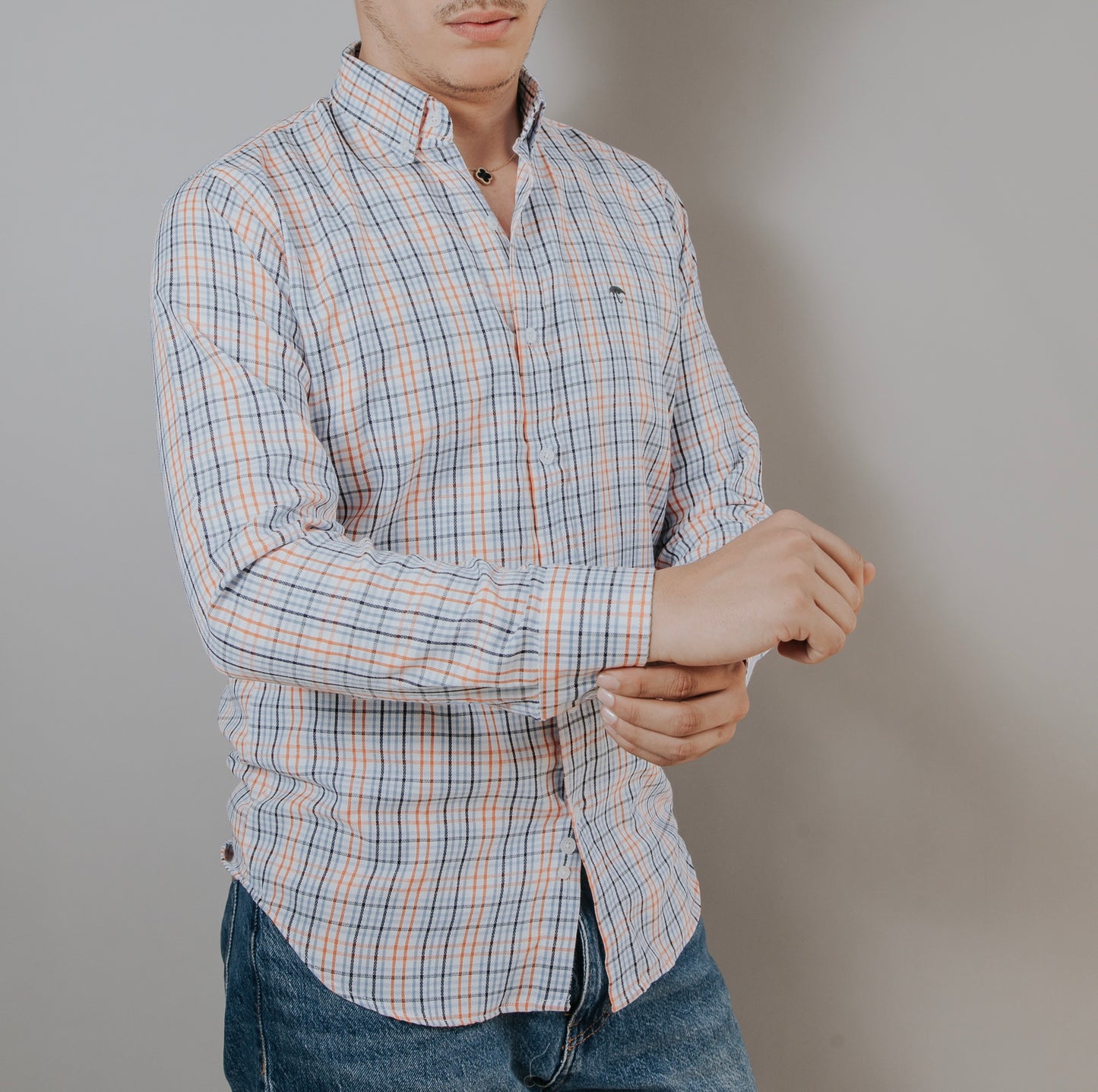 CAMISA HOMBRE SLIM FIT LINEAS NARANJAS Y AZULES