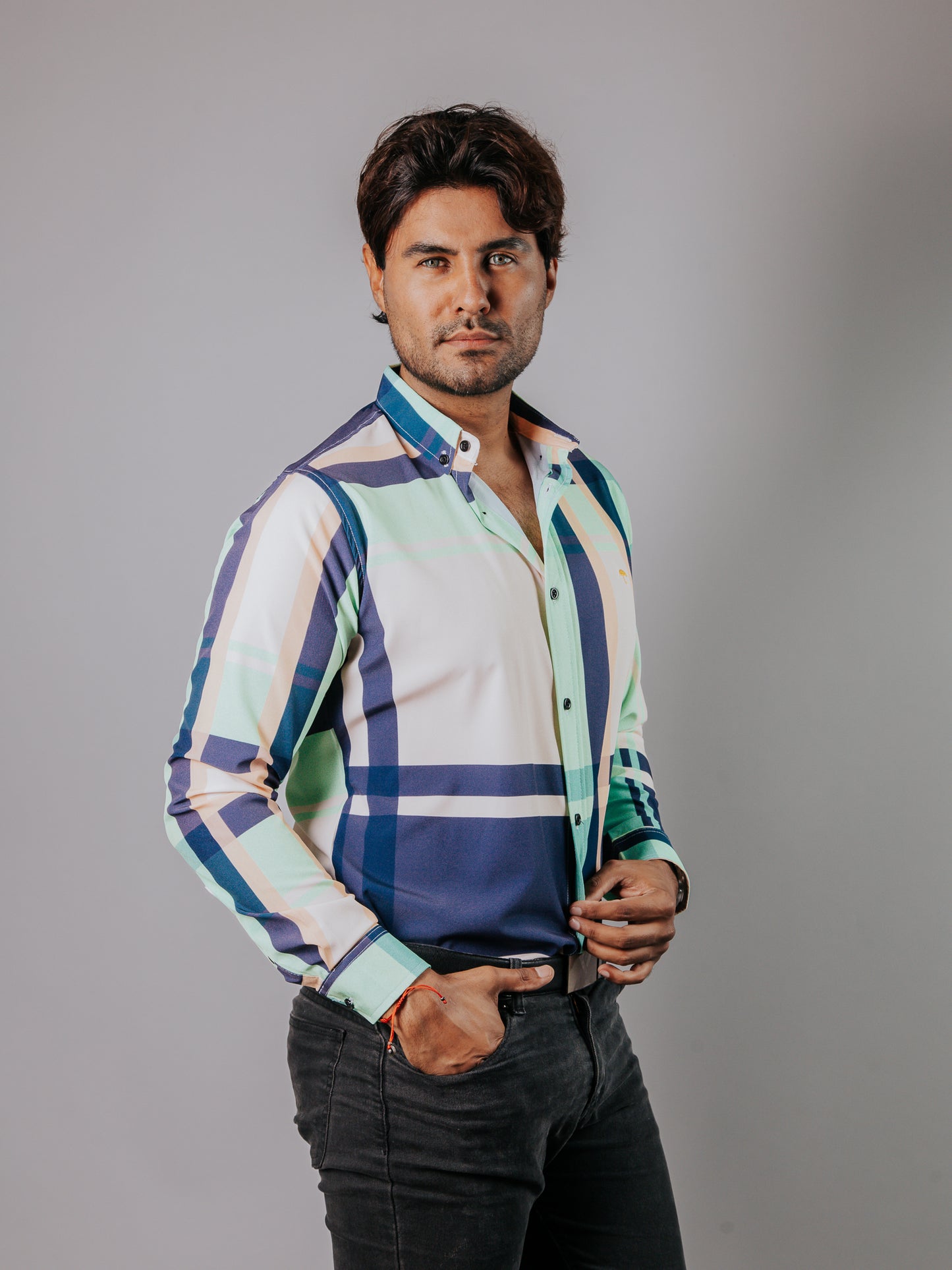 CAMISA HOMBRE SLIM FIT, CUADRO AZUL, BEIGE VERDE