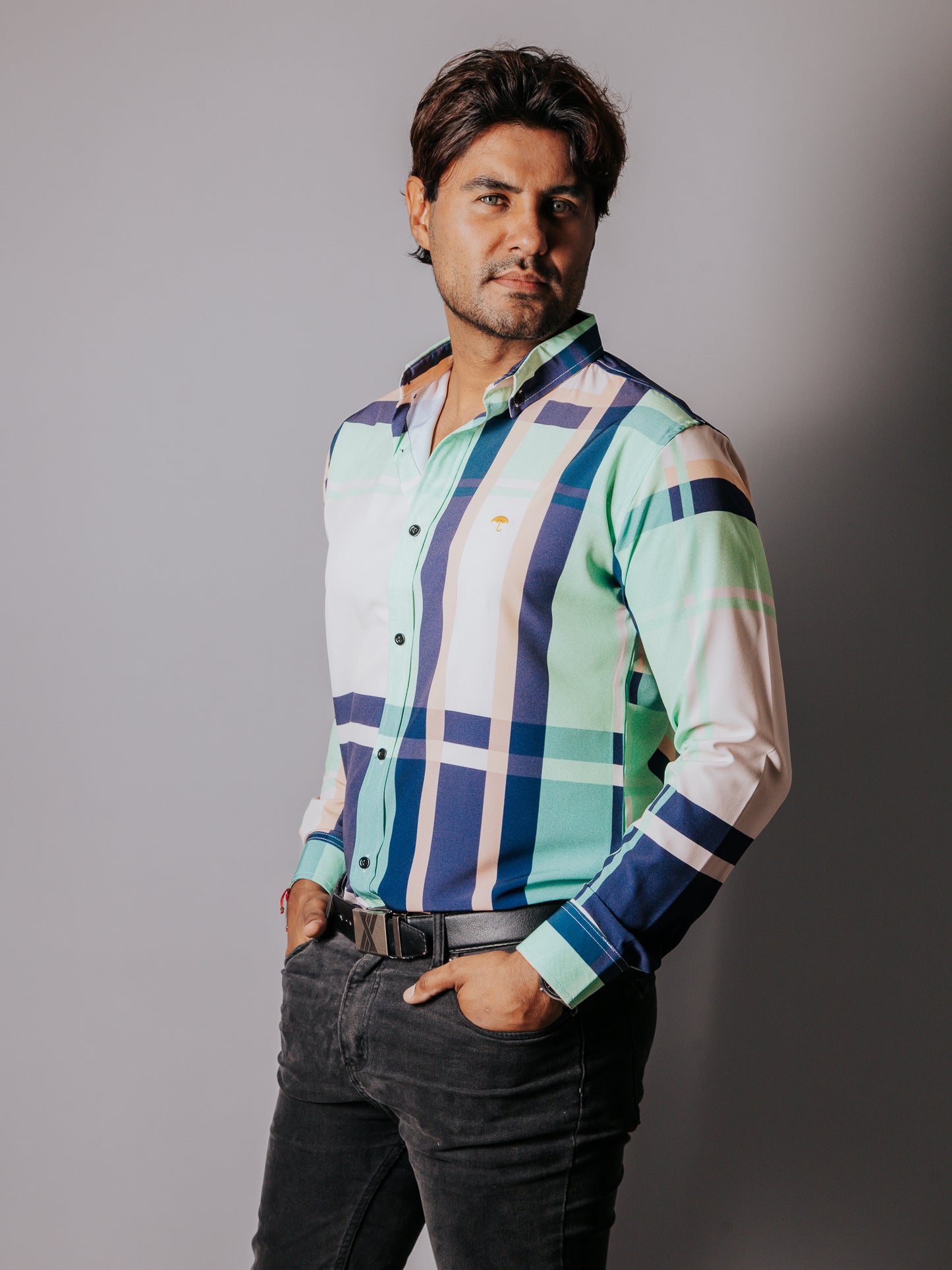 CAMISA HOMBRE SLIM FIT, CUADRO AZUL, BEIGE VERDE