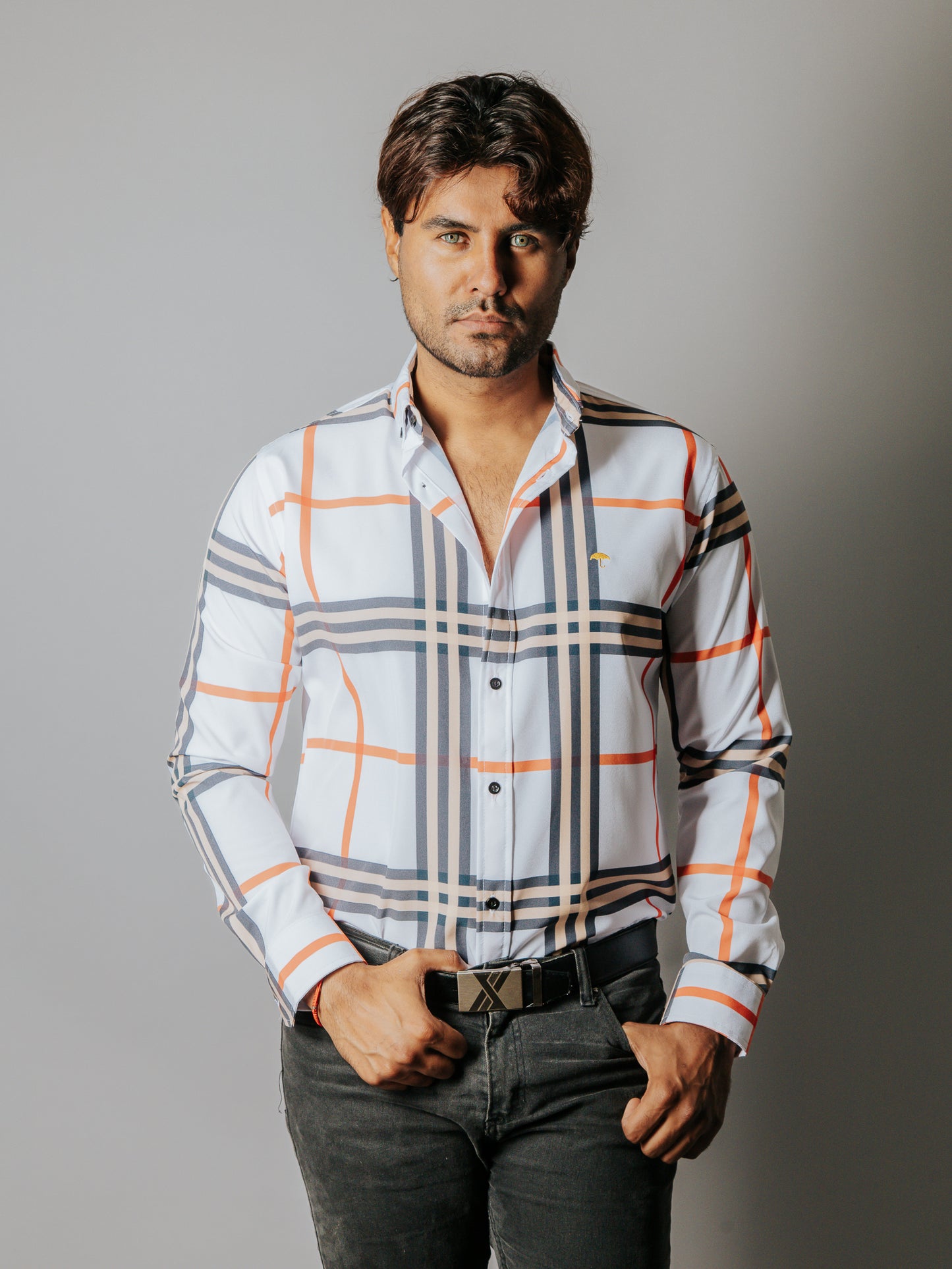 CAMISA HOMBRE SLIM FIT, CUADRO GRIS, BEIGE Y NARANJA
