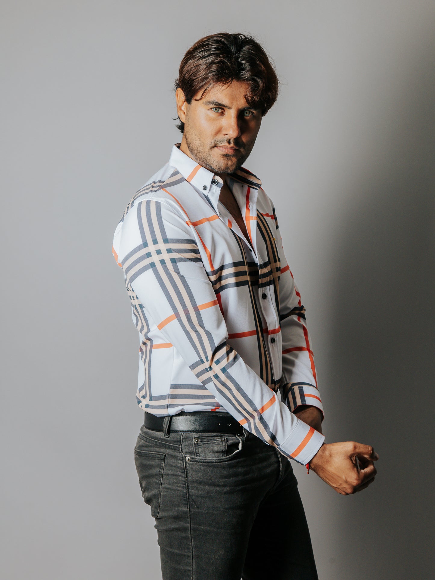 CAMISA HOMBRE SLIM FIT, CUADRO GRIS, BEIGE Y NARANJA