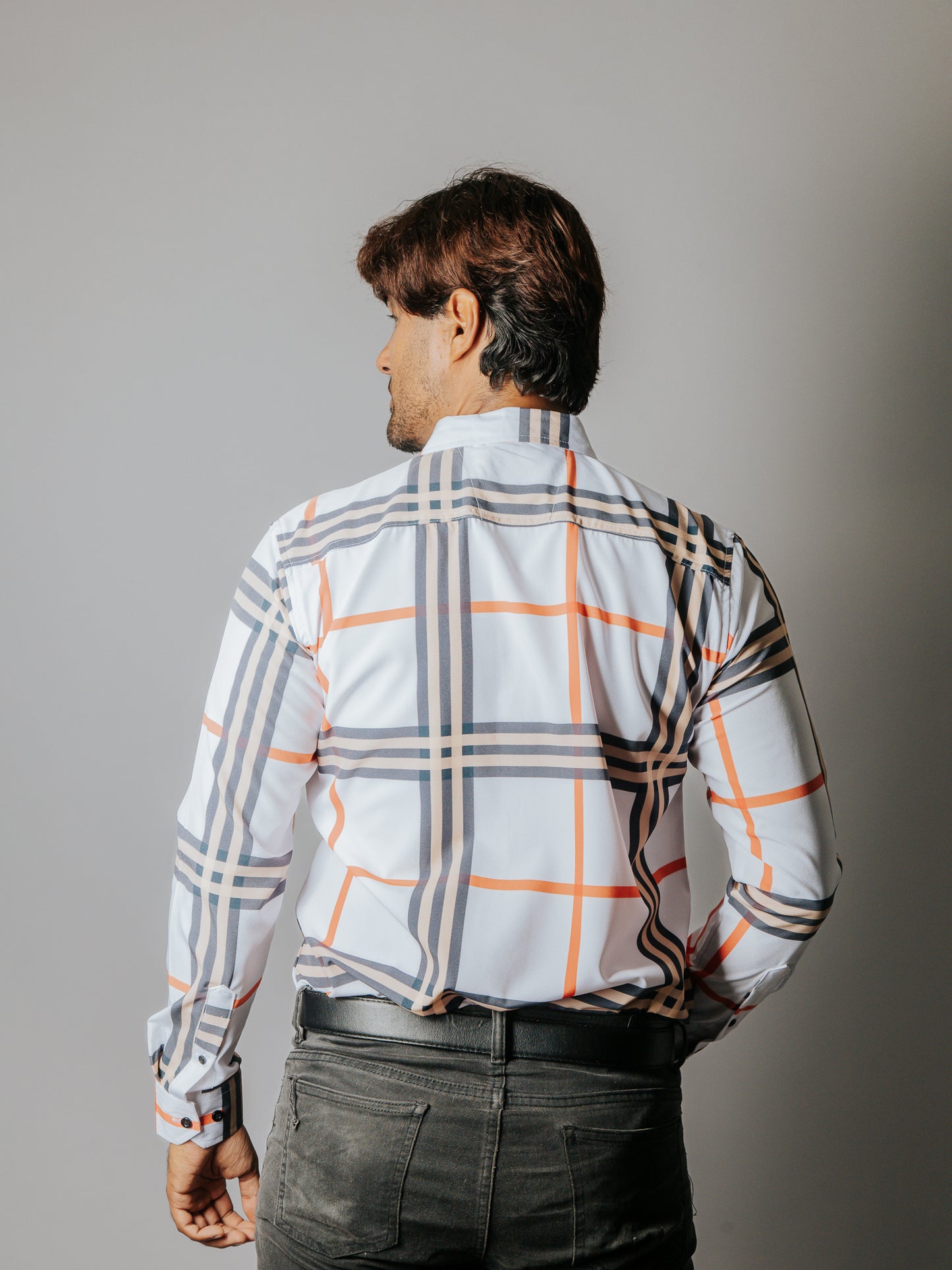 CAMISA HOMBRE SLIM FIT, CUADRO GRIS, BEIGE Y NARANJA