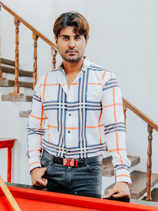 CAMISA HOMBRE SLIM FIT, CUADRO GRIS, BEIGE Y NARANJA