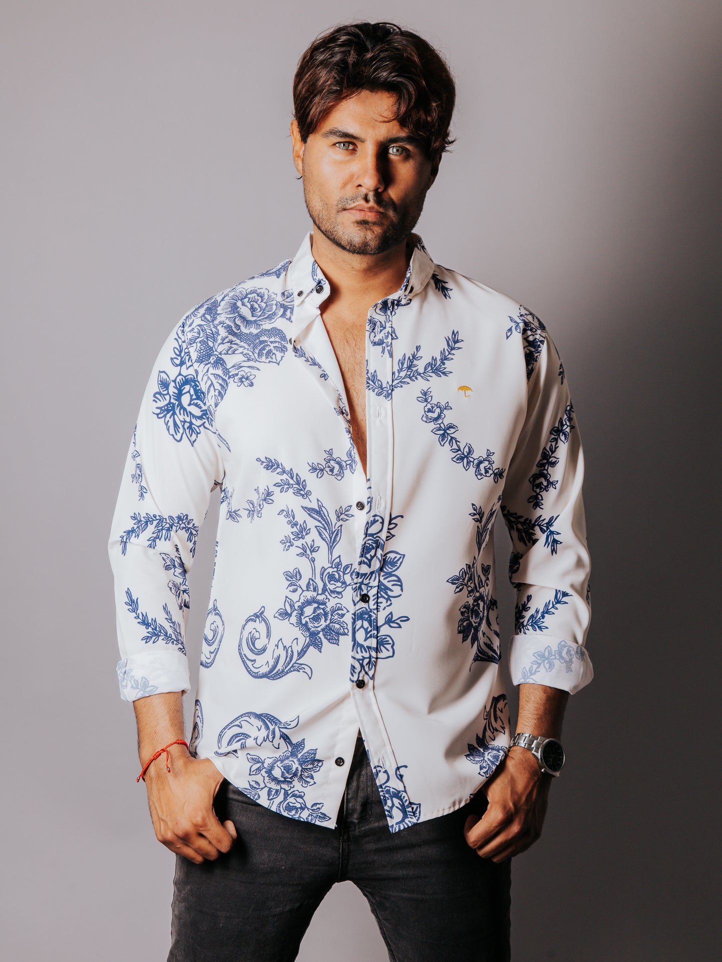 CAMISA HOMBRE SLIM FIT, FLORES AZUL