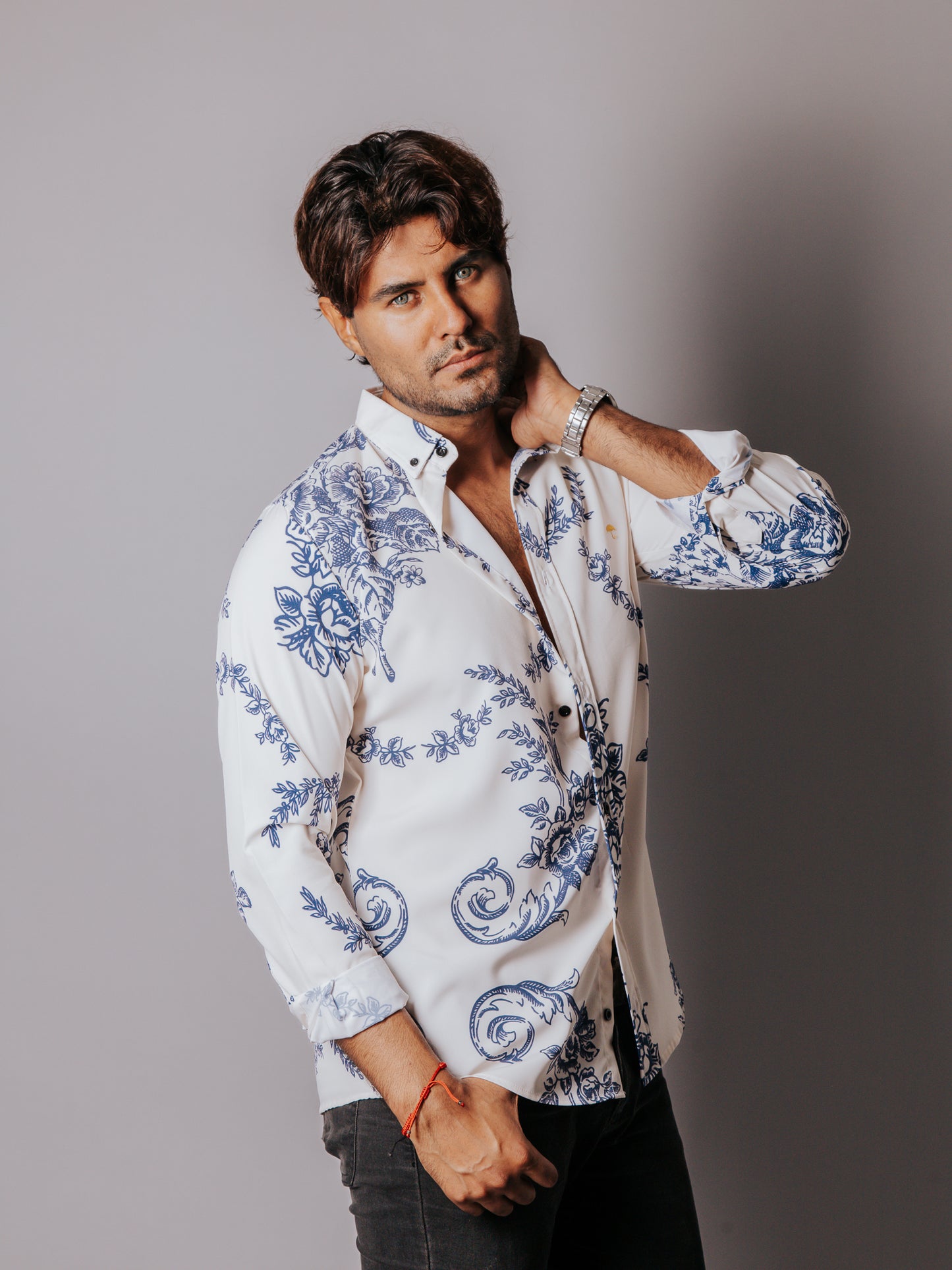 CAMISA HOMBRE SLIM FIT, FLORES AZUL