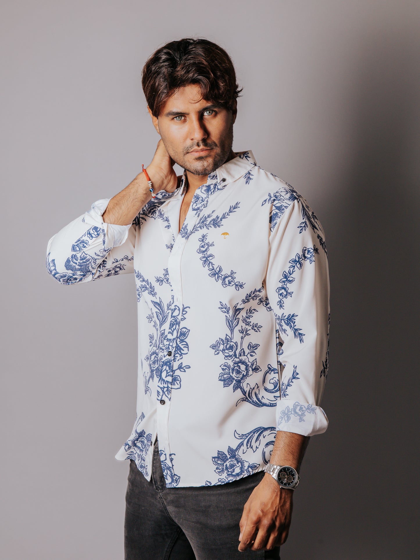CAMISA HOMBRE SLIM FIT, FLORES AZUL