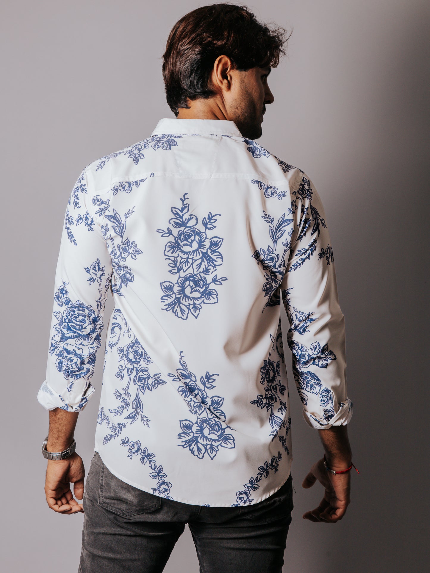 CAMISA HOMBRE SLIM FIT, FLORES AZUL