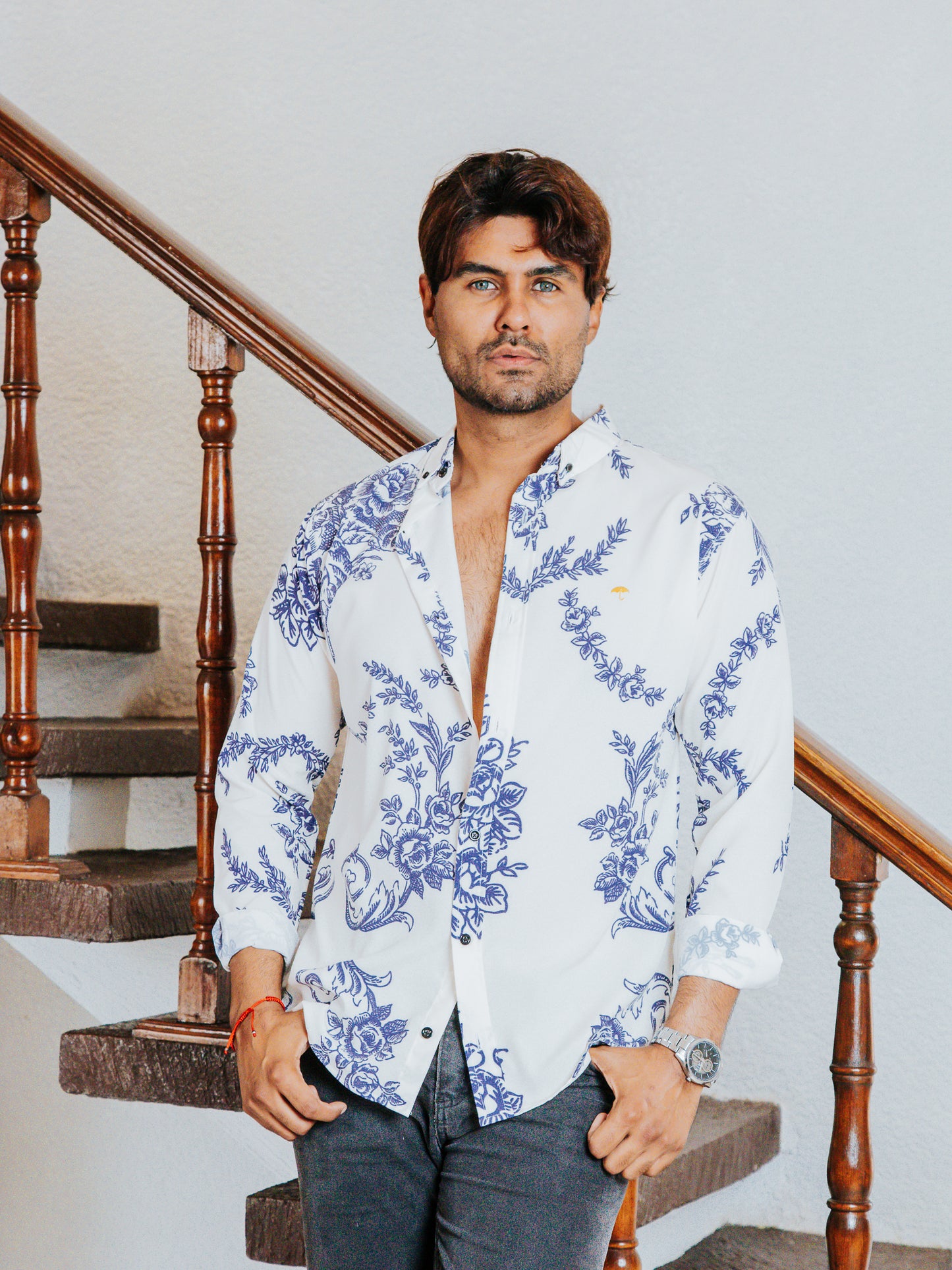 CAMISA HOMBRE SLIM FIT, FLORES AZUL