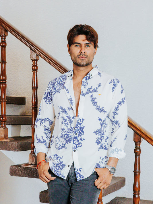 CAMISA HOMBRE SLIM FIT, FLORES AZUL