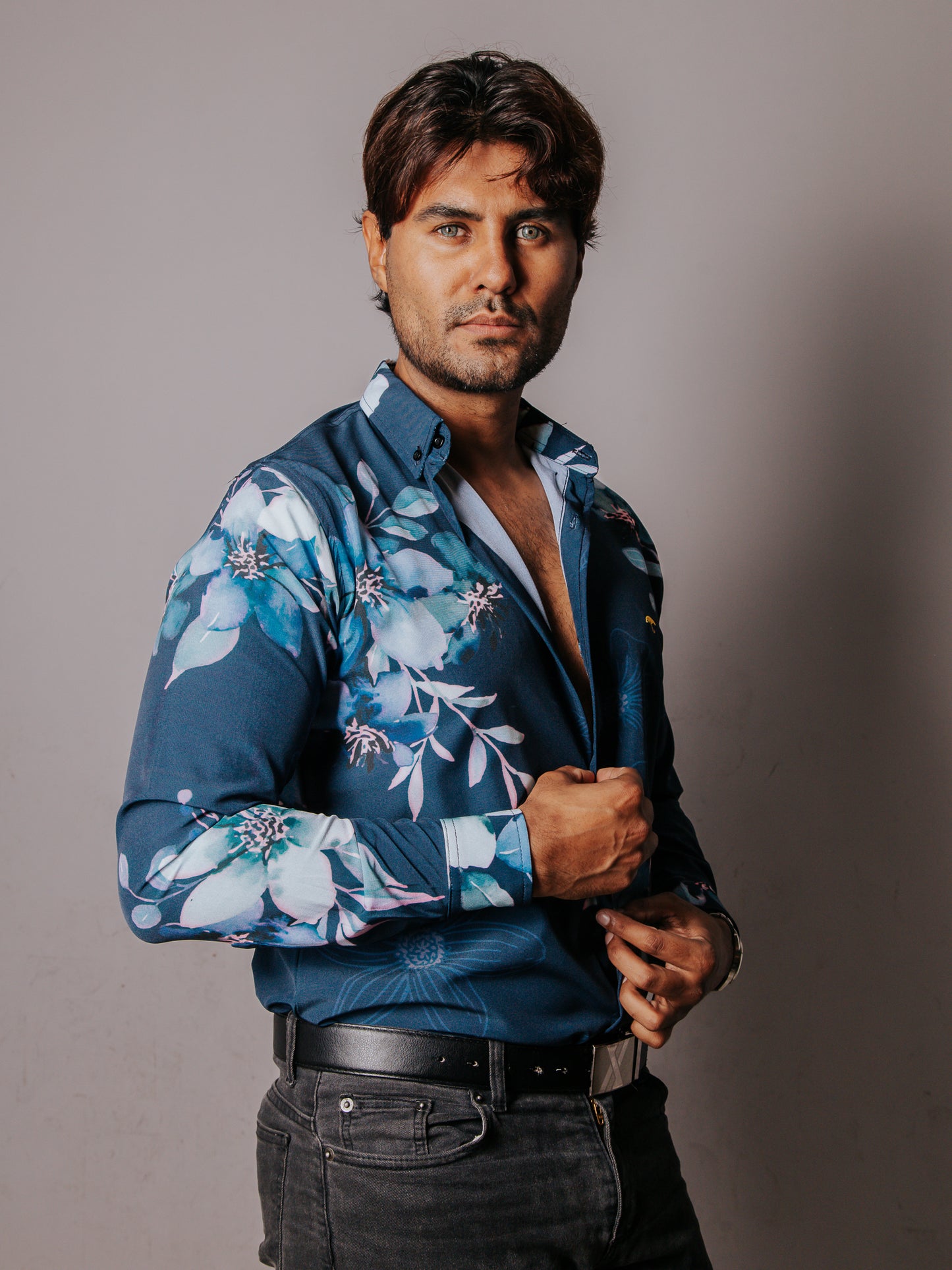 CAMISA HOMBRE SLIM FIT, AZUL FLORES