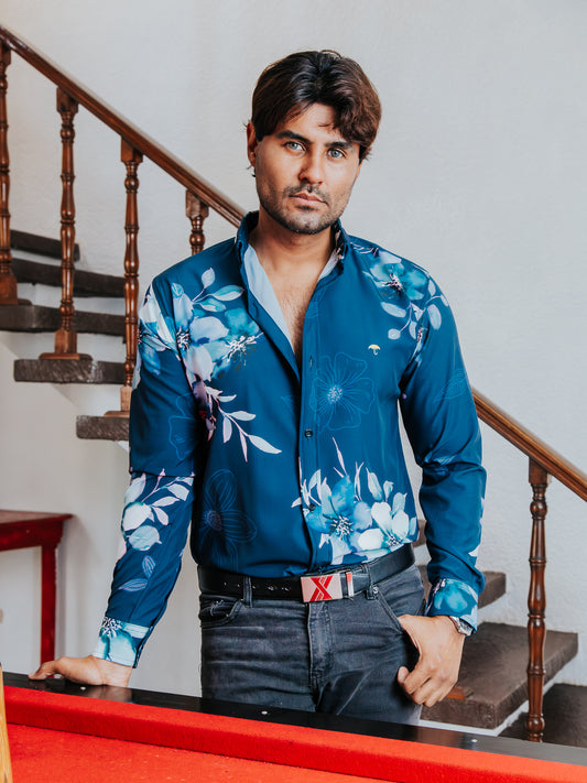 CAMISA HOMBRE SLIM FIT, AZUL FLORES