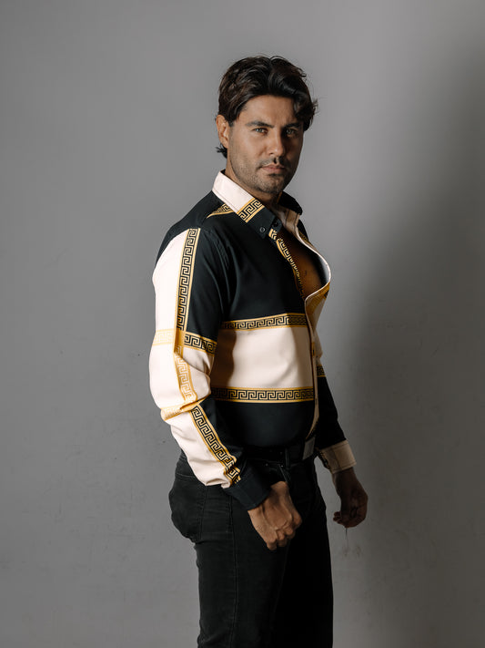 CAMISA HOMBRE NEGRO BEIGE, GRECAS DORADO