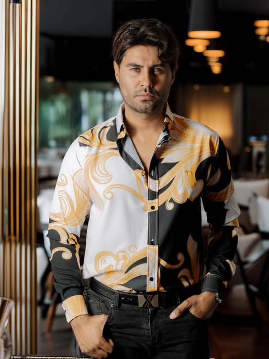 CAMISA HOMBRE SLIM FIT, NEGRA FLORAL DORADO BLANCO
