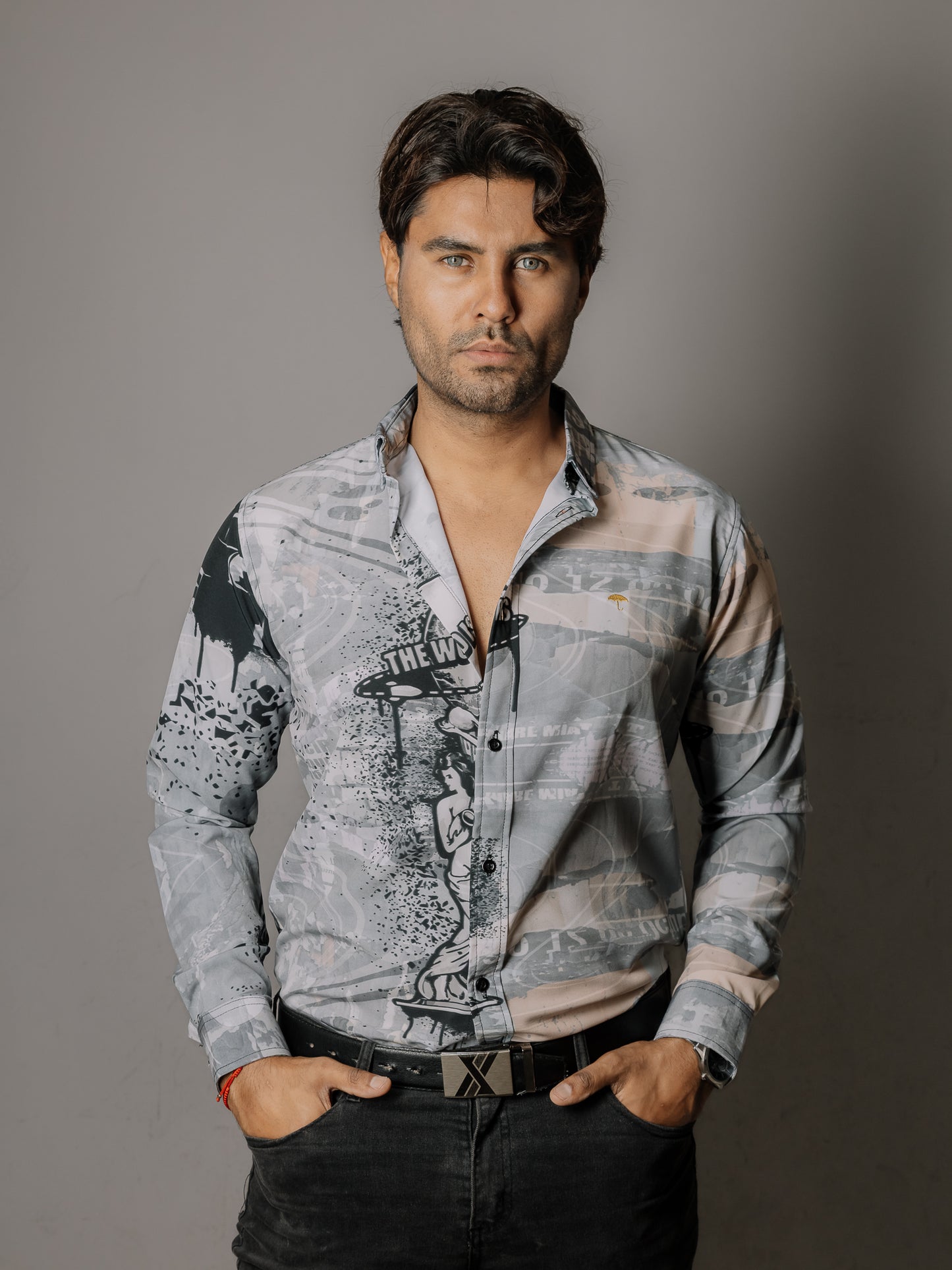 CAMISA HOMBRE SLIM FIT, GRIS DETALLES NEGROS TONY MONTANA