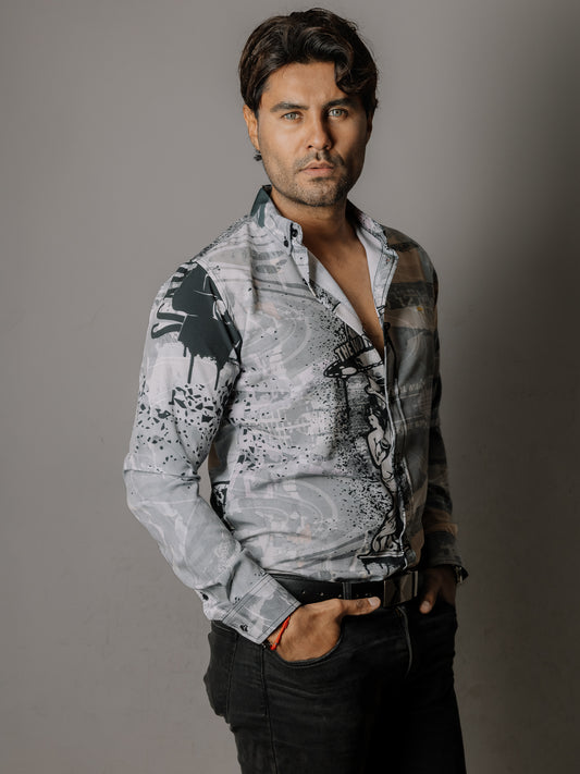 CAMISA HOMBRE SLIM FIT, GRIS DETALLES NEGROS TONY MONTANA