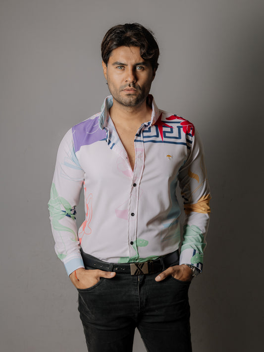 CAMISA HOMBRE SLIM FIT, DETALLE GRECORROMANO MULTICOLOR