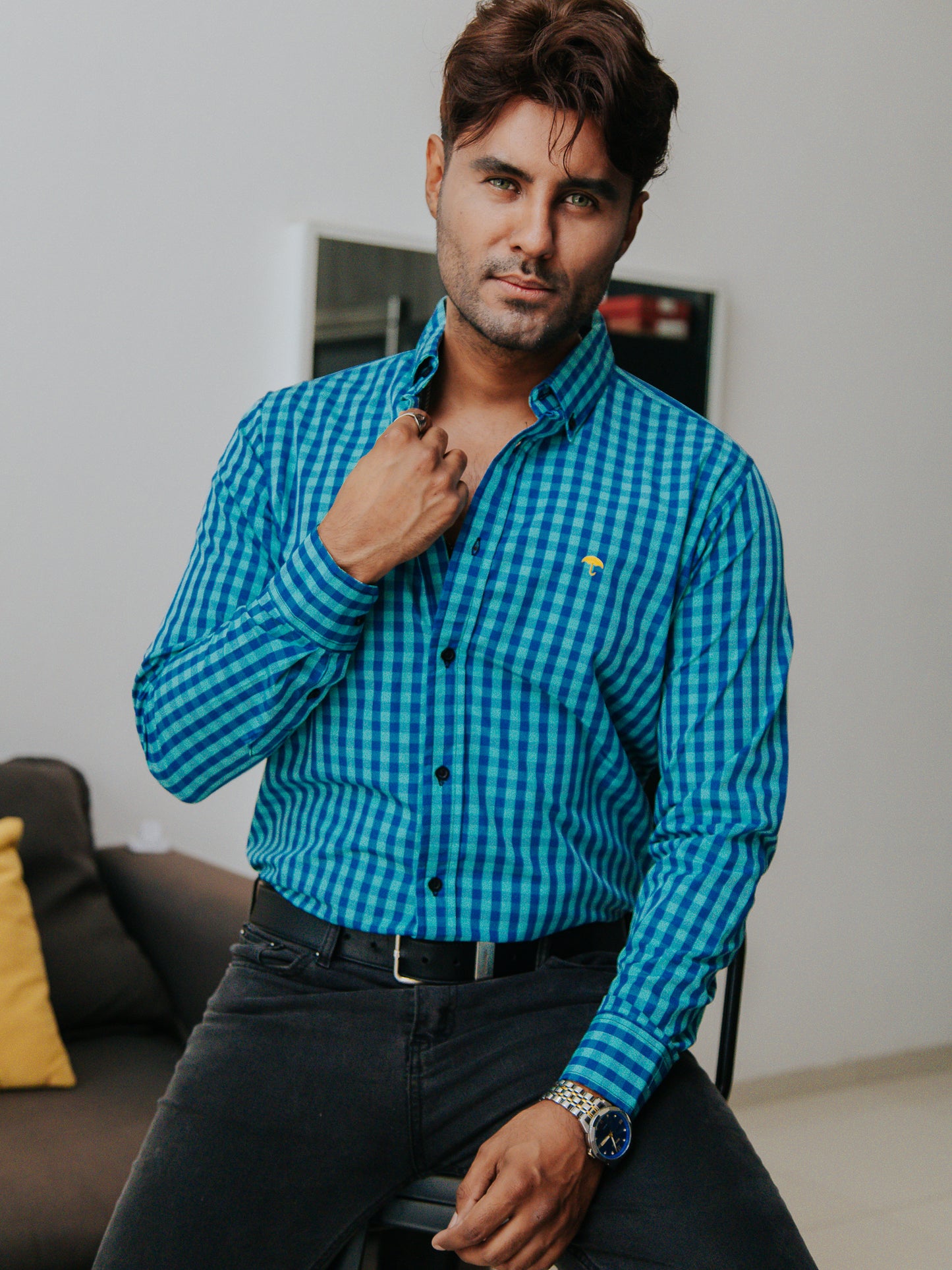 CAMISA HOMBRE SLIM FIT, MINI CUADROS VERDE Y AZUL