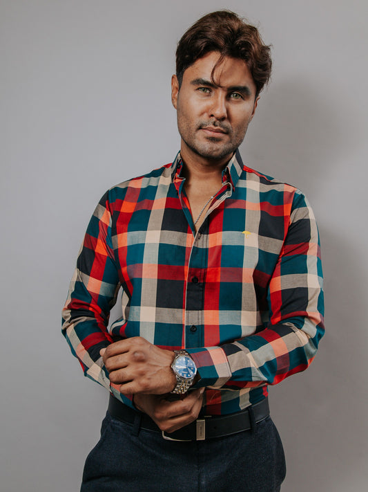 CAMISA SLIM FIT, CUADROS ROJO, BEIGE, VERDE Y NEGRO