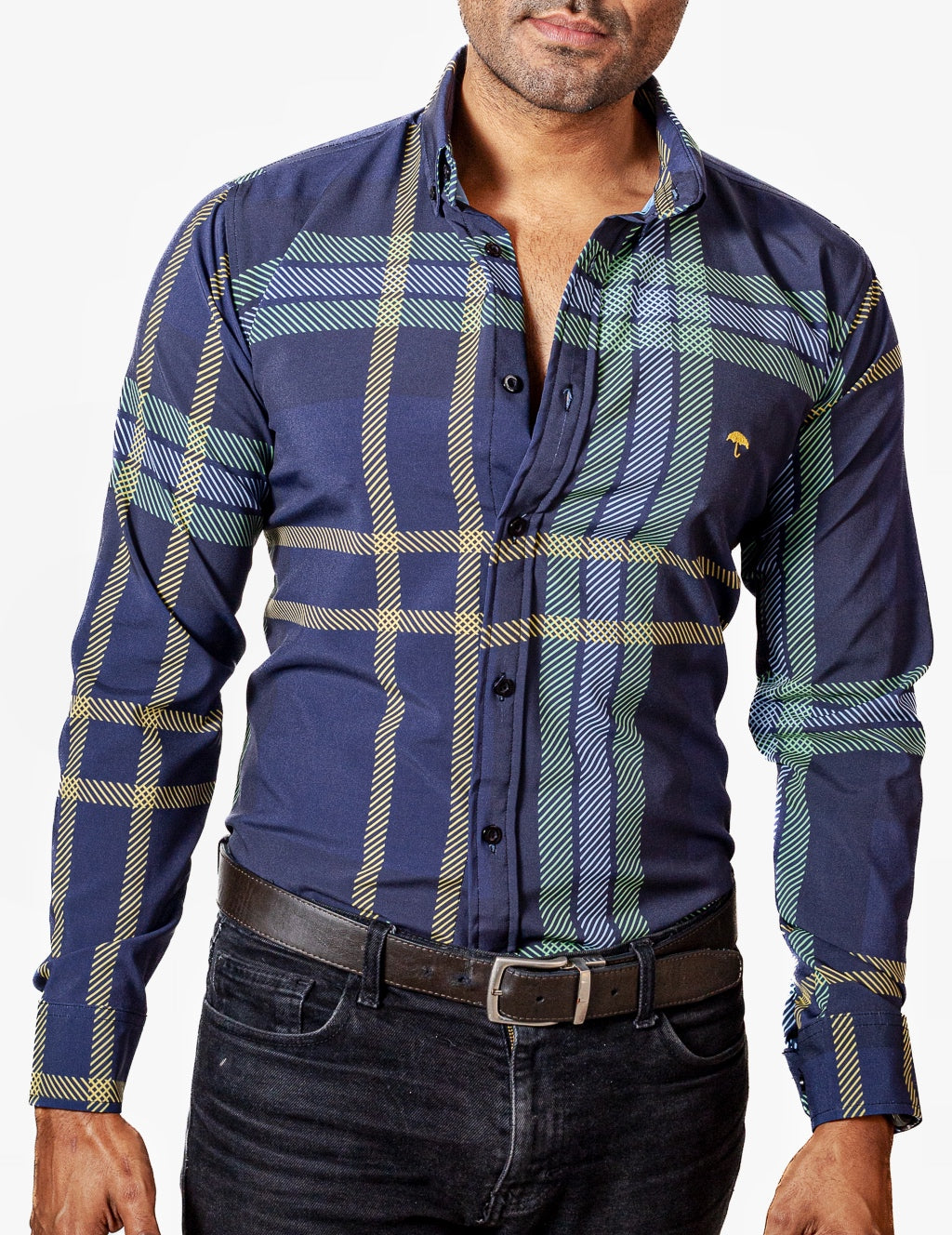 CAMISA HOMBRE SLIM FIT, AZUL MARINO, LINEA VERDE, AMARILLA