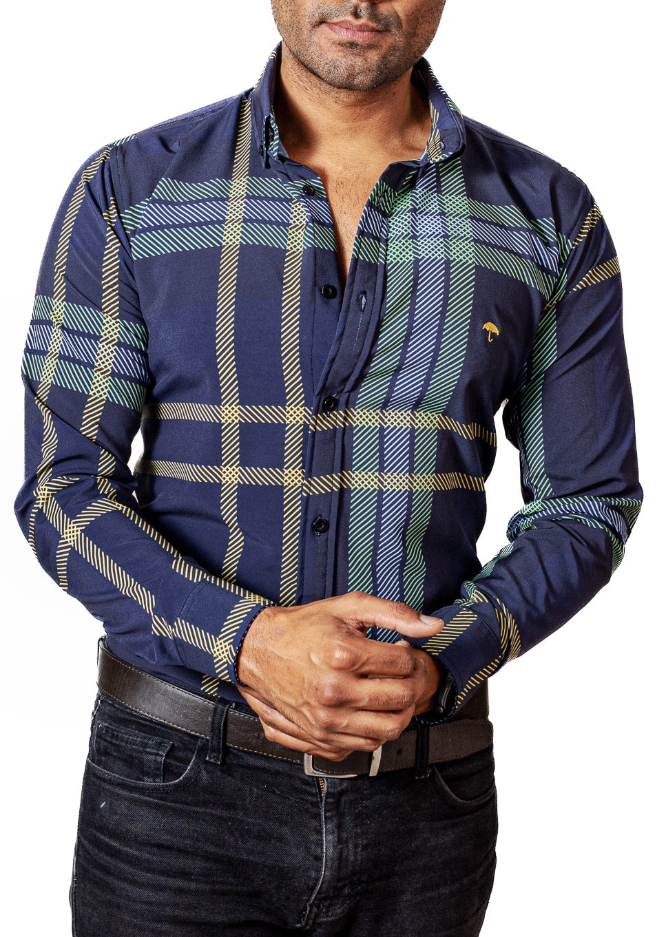 CAMISA HOMBRE SLIM FIT, AZUL MARINO, LINEA VERDE, AMARILLA