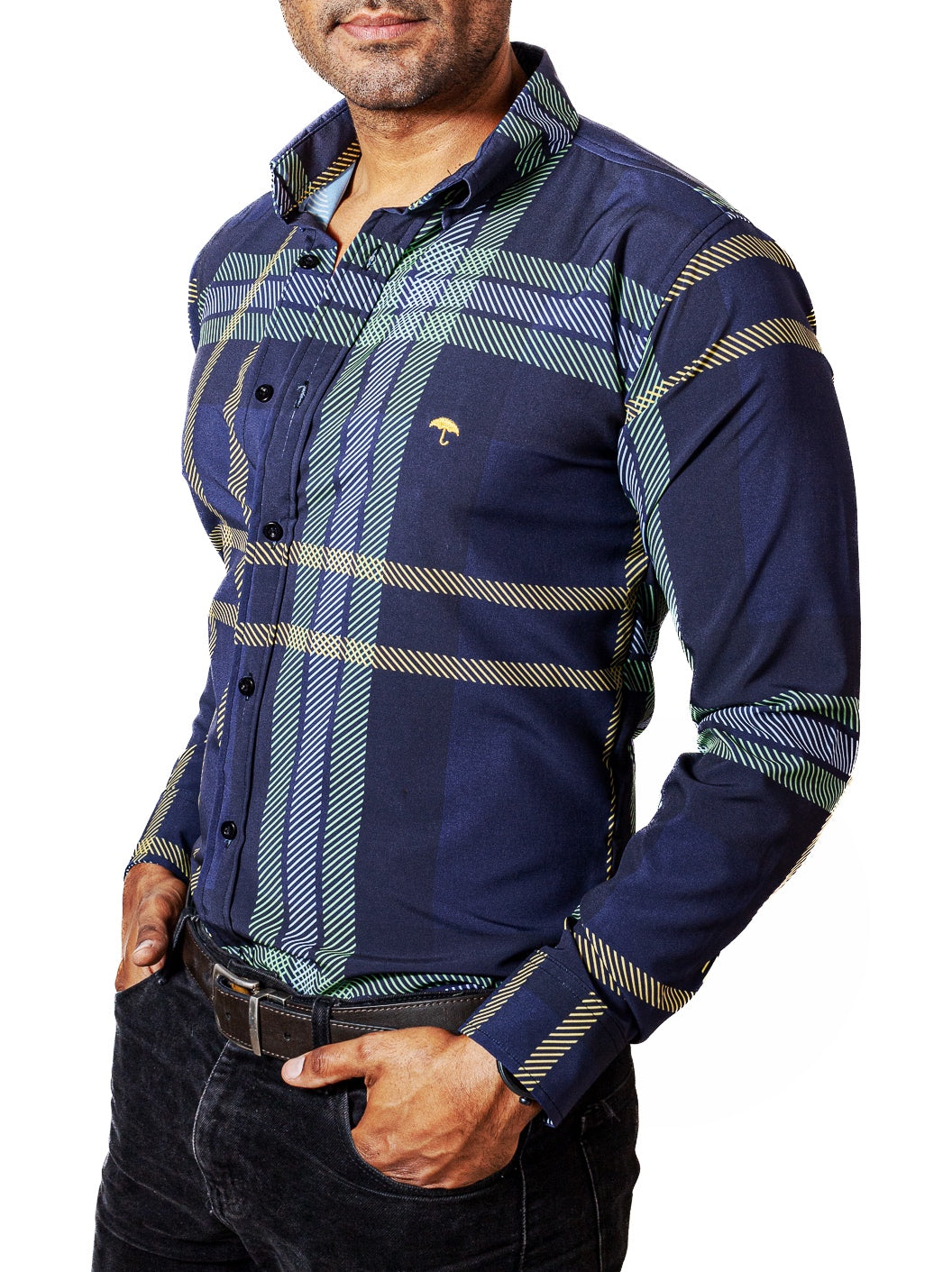 CAMISA HOMBRE SLIM FIT, AZUL MARINO, LINEA VERDE, AMARILLA