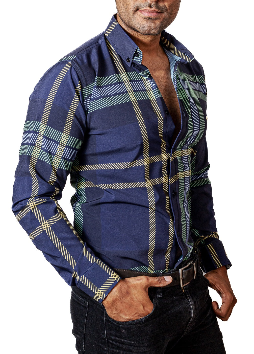 CAMISA HOMBRE SLIM FIT, AZUL MARINO, LINEA VERDE, AMARILLA