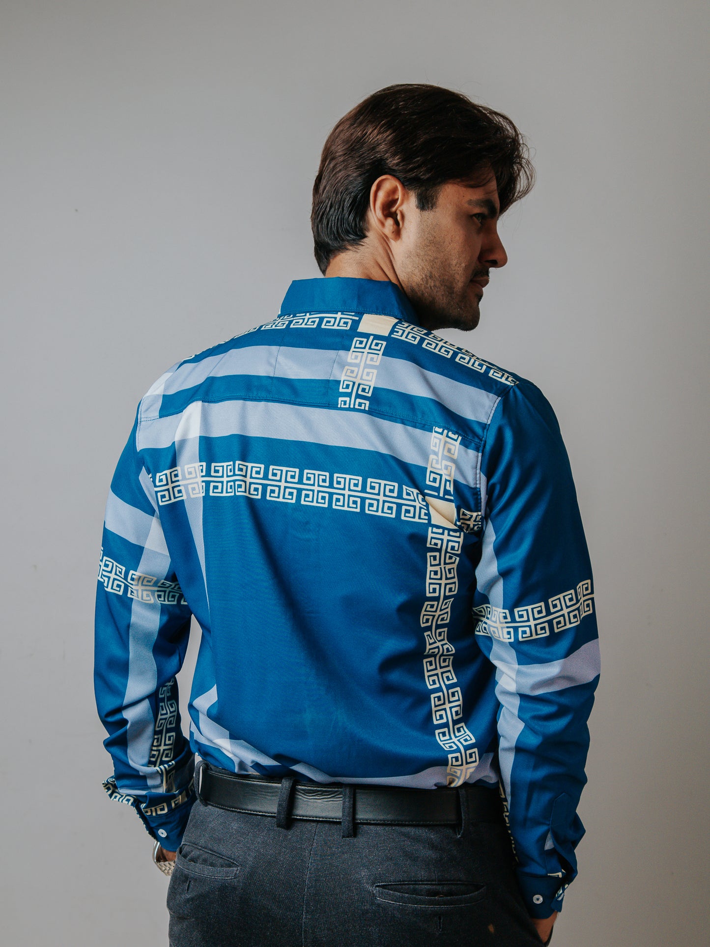 CAMISA SLIM FIT, AZUL DETALLE GRIEGO CREMA
