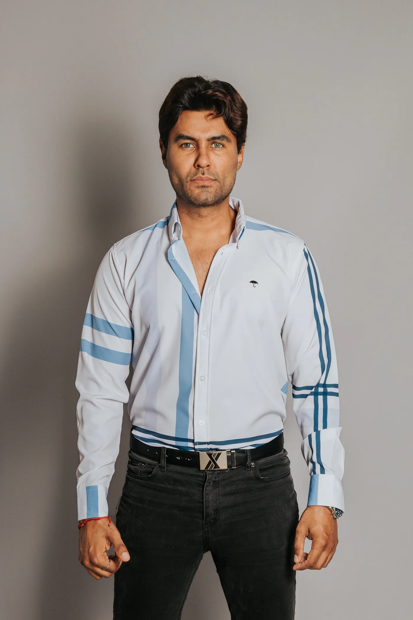 CAMISA HOMBRE SLIM FIT, FRANJAS AZULES Y LILA