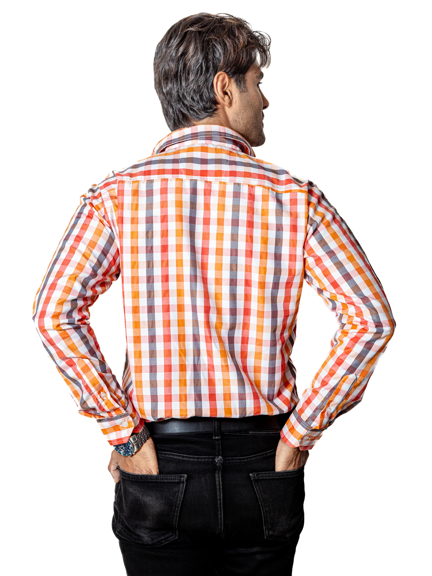 CAMISA CASUAL HOMBRE, FRANJAS, MELÓN, CORAL Y GRIS