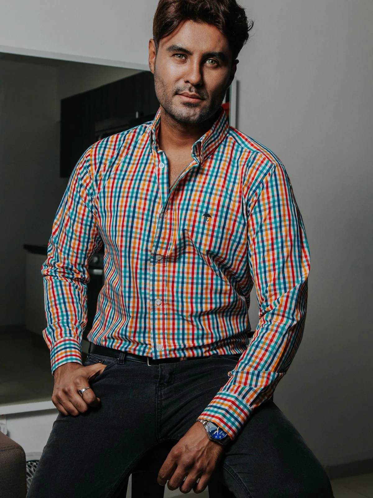 CAMISA HOMBRE SLIM FIT, CUADROS AMARILLOS, ROJOS, VERDES, AZUL