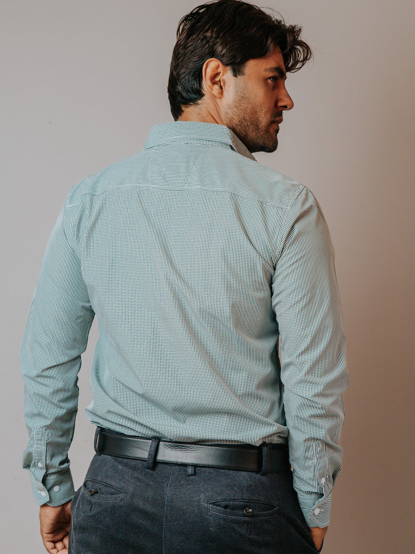 CAMISA HOMBRE SLIM FIT, MICROCUADRO VERDE