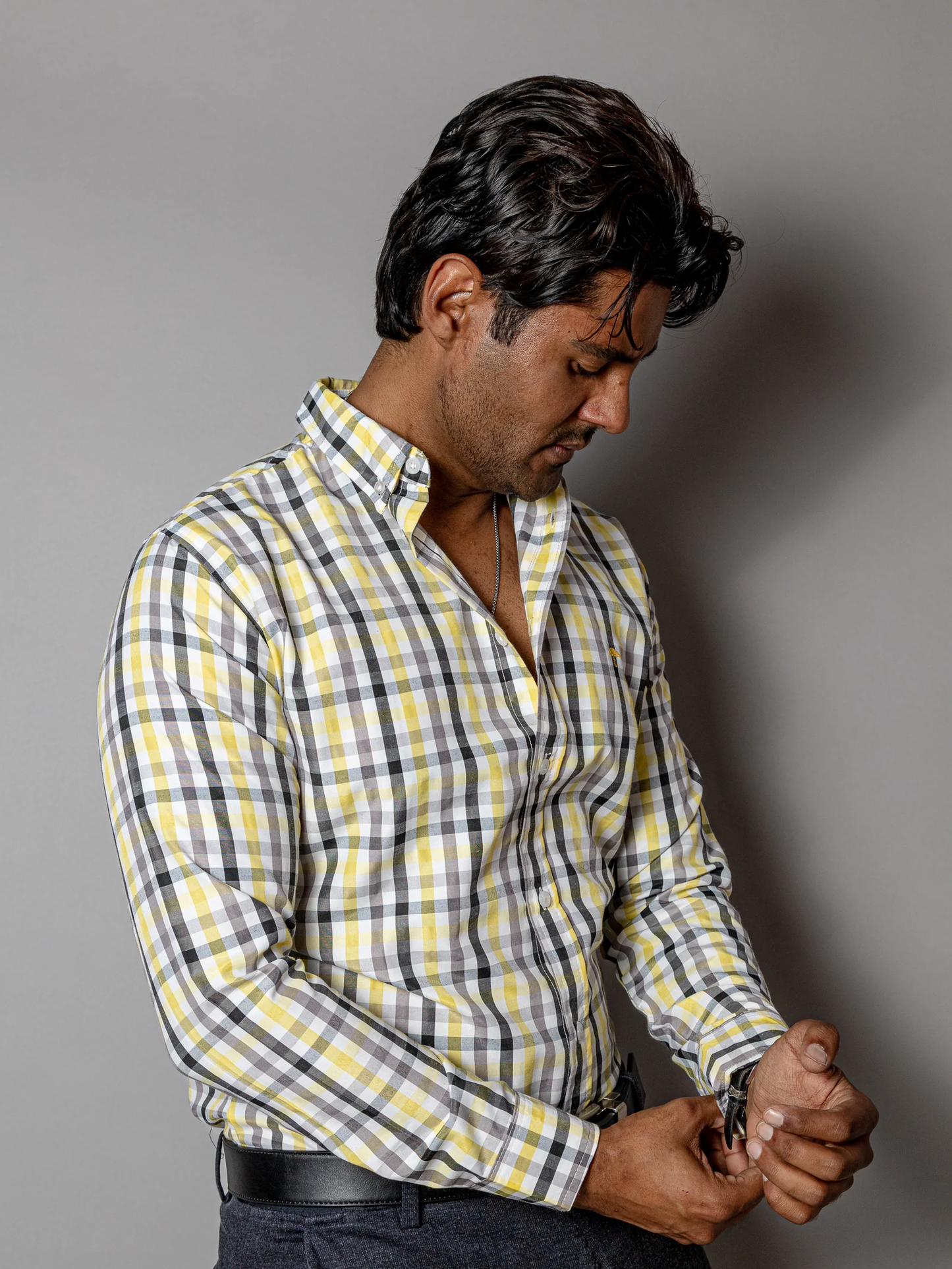 CAMISA SLIM FIT HOMBRE, CUADROS AMARILLO NEGRO Y GRIS