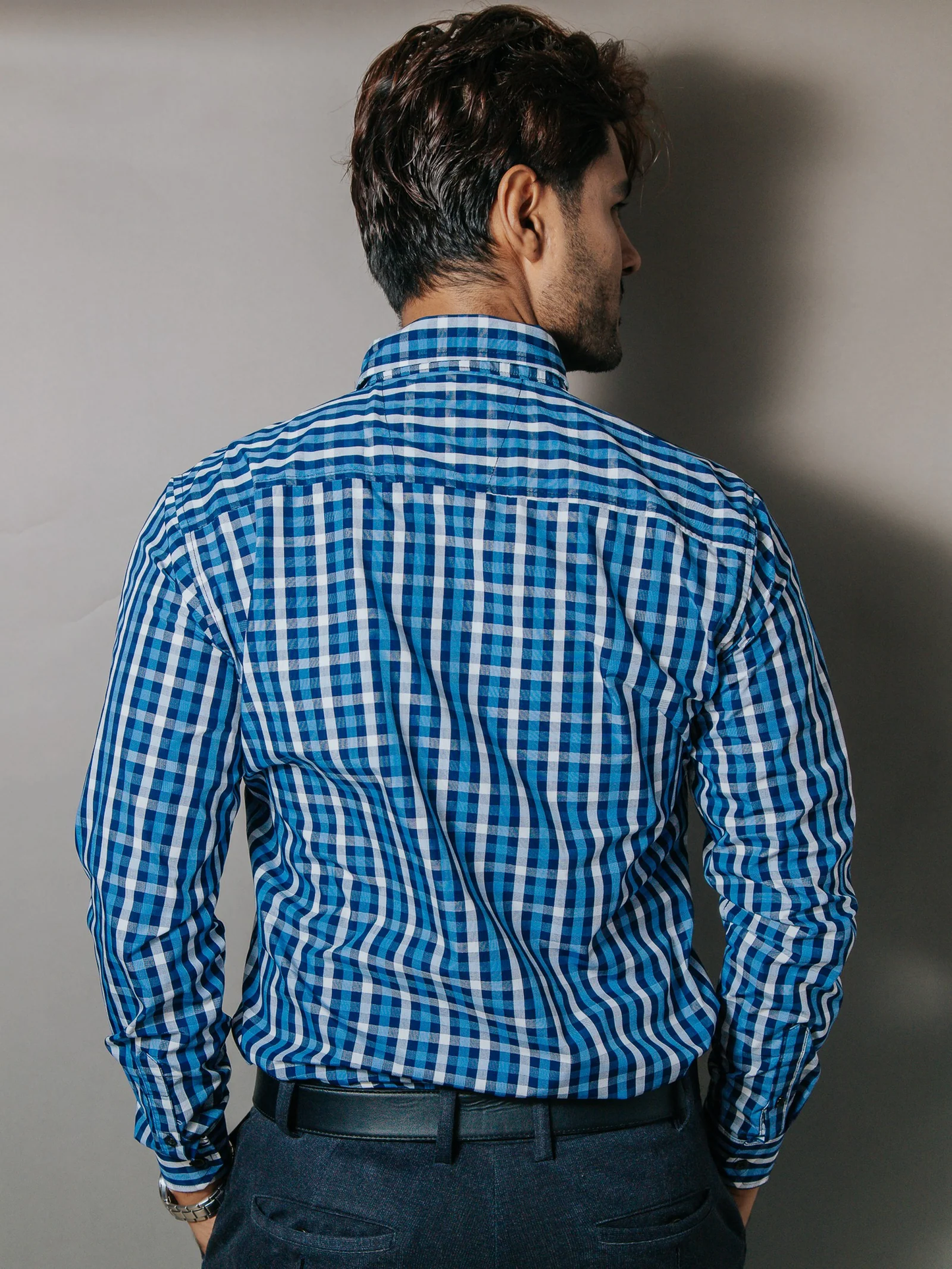 CAMISA HOMBRE SLIM FIT CUADROS AZUL Y GRIS