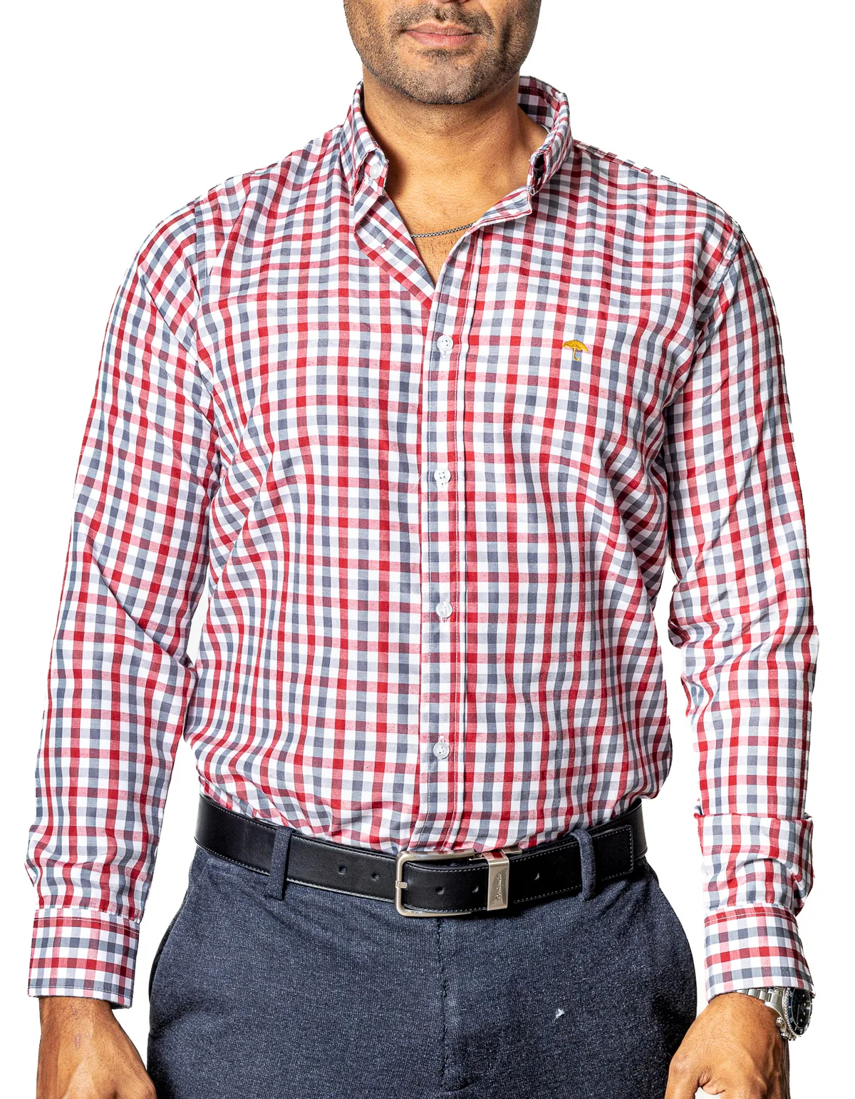 CAMISA CASUAL HOMBRE, CUADRO ROJO Y GRIS