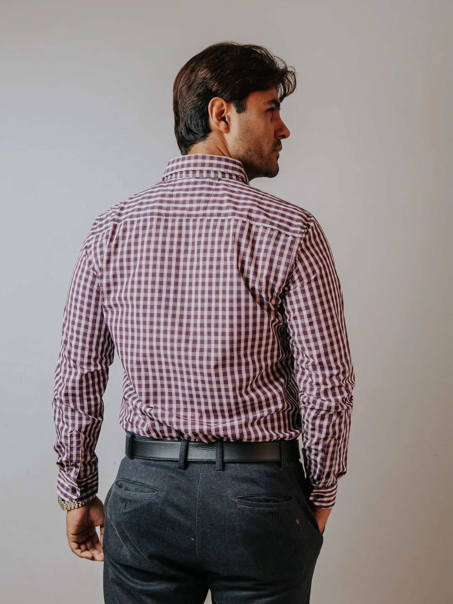 CAMISA HOMBRE SLIM FIT, MINICUADRO ROJO AZUL MARINO Y BLANCO