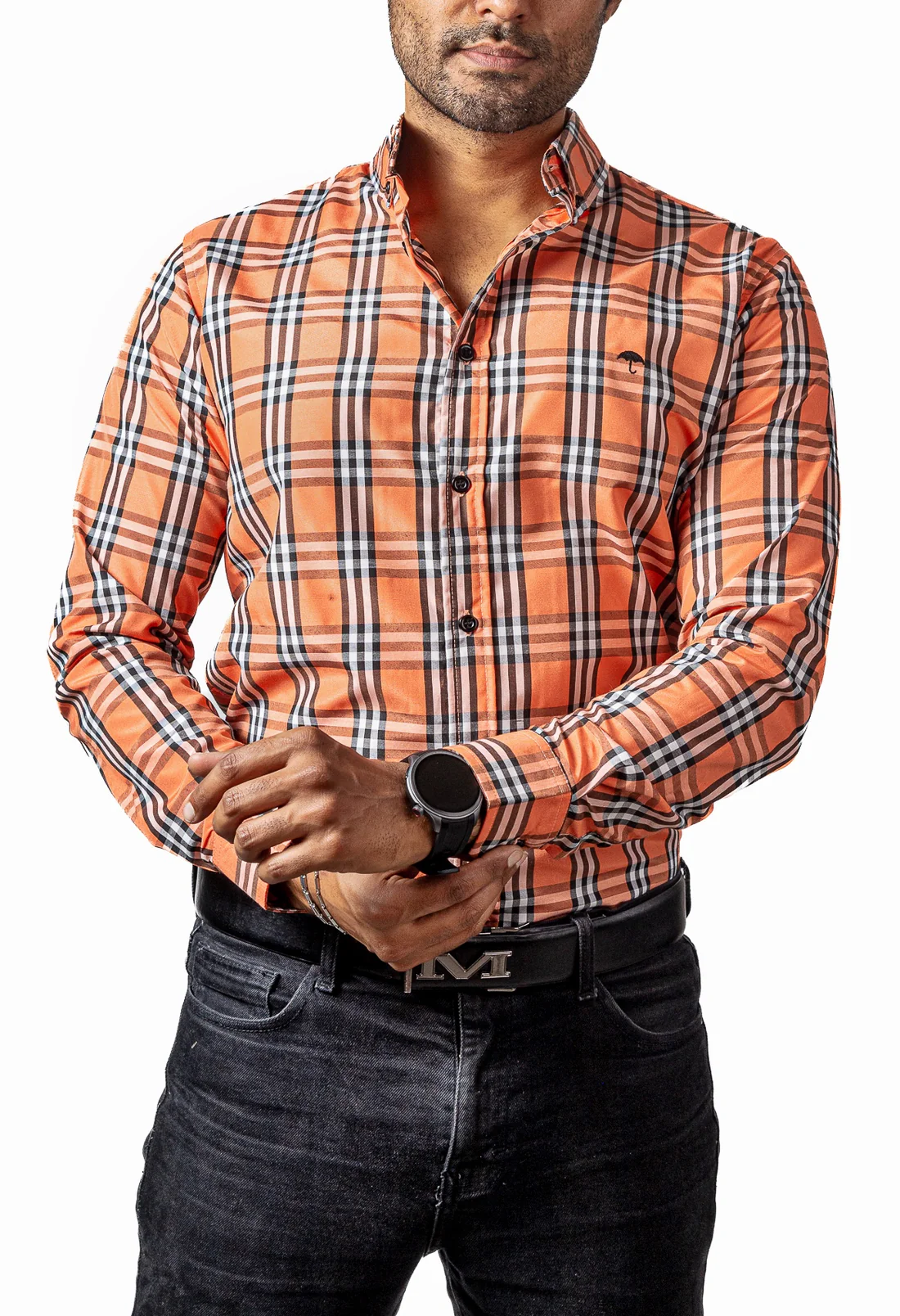CAMISA HOMBRE CASUAL CUADROS NARANJAS, BLANCOS, NEGROS