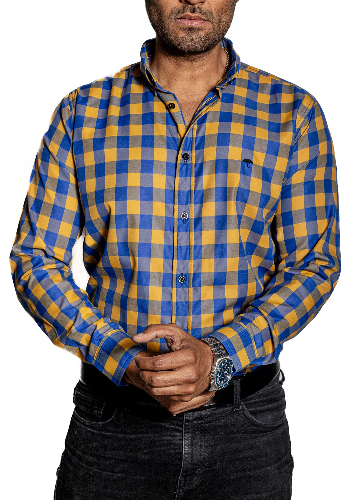 CAMISA HOMBRE CASUAL CUADROS AZUL, ORO