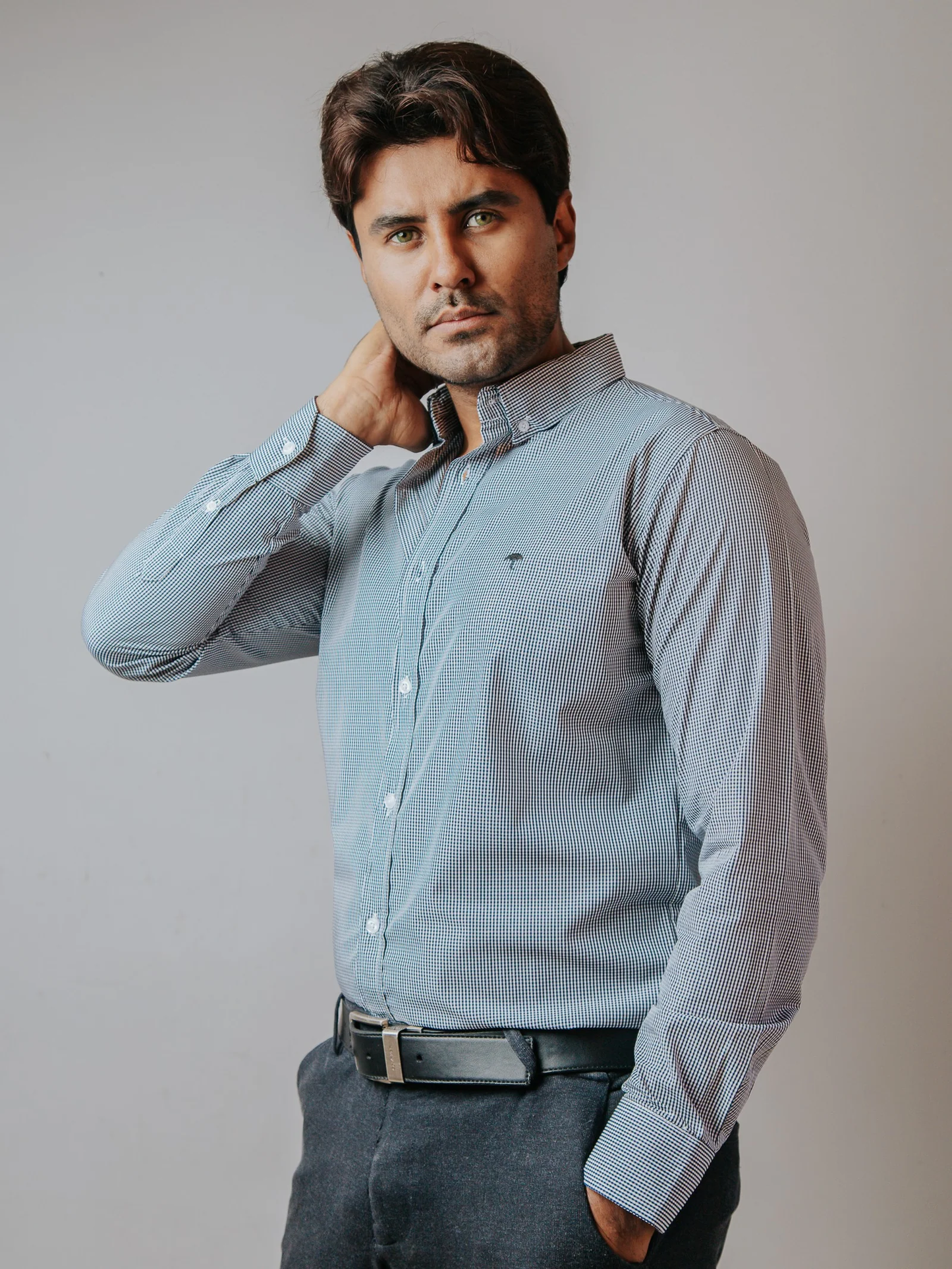 CAMISA HOMBRE SLIM FIT, MICROCUADRO AZUL MARINO
