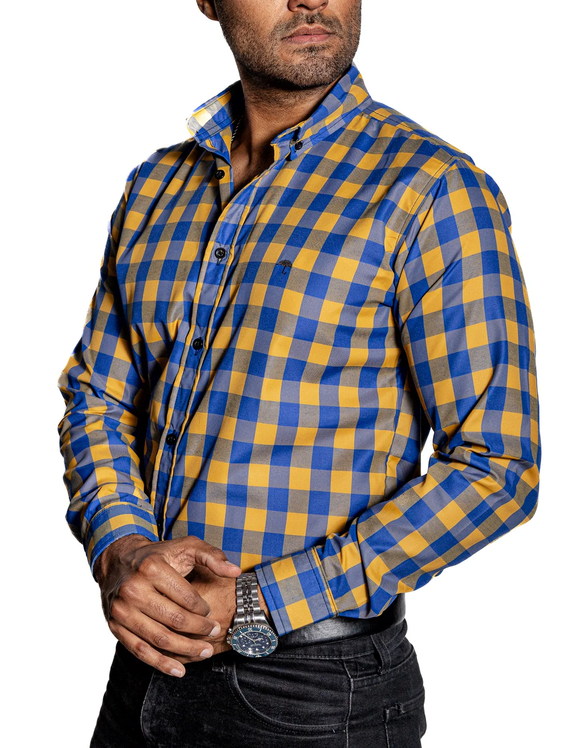 CAMISA HOMBRE CASUAL CUADROS AZUL, ORO