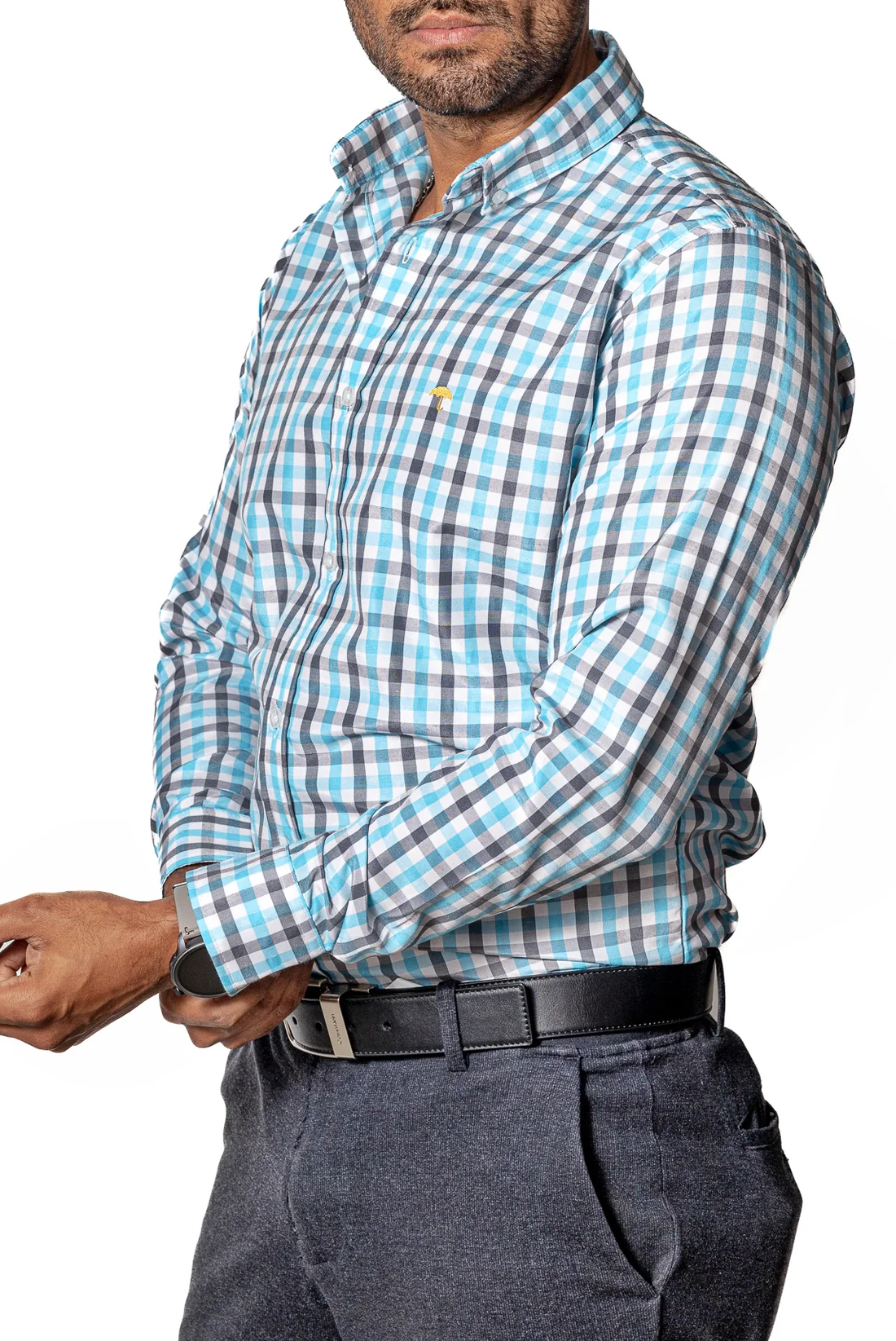 CAMISA CASUAL HOMBRE ,CUADRO AZUL CIELO Y GRIS